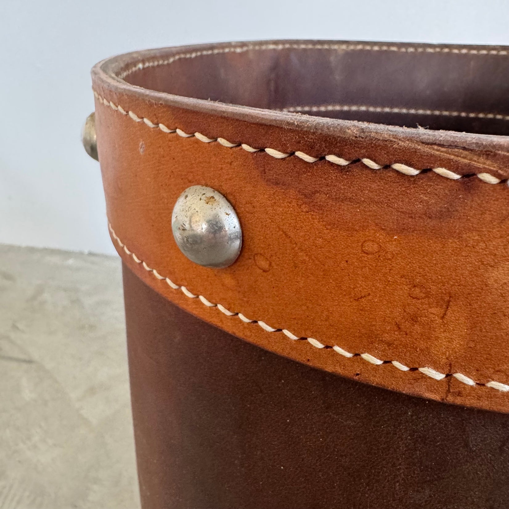 Jacques Adnet Style Saddle Leather Waste Basket, 1950s France