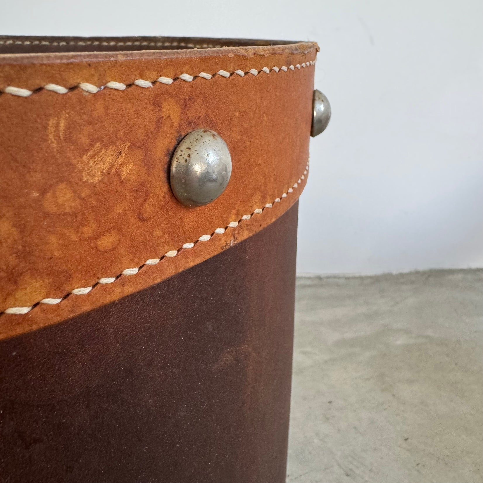 Jacques Adnet Style Saddle Leather Waste Basket, 1950s France