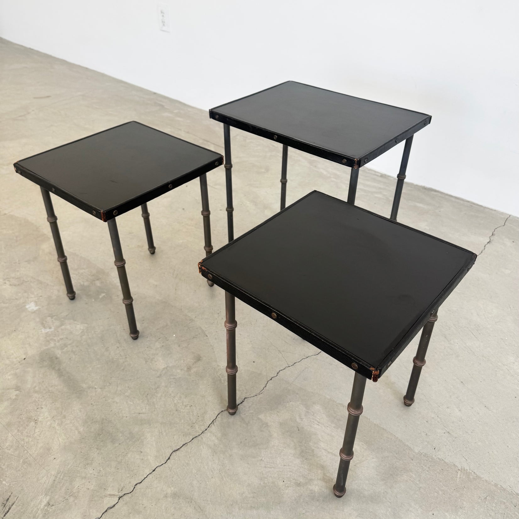 Set of 3 Leather and Bronze Nesting Tables