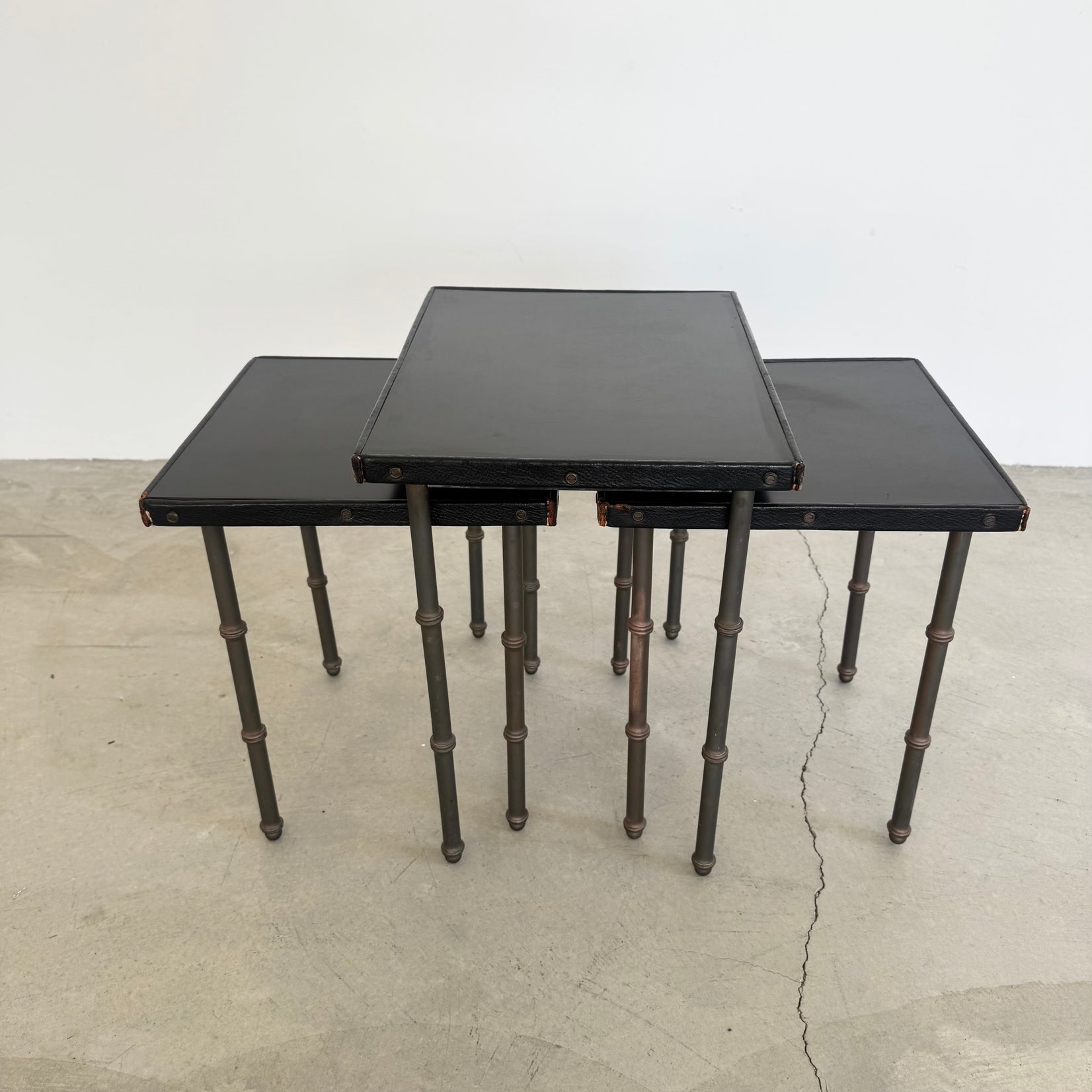 Set of 3 Leather and Bronze Nesting Tables