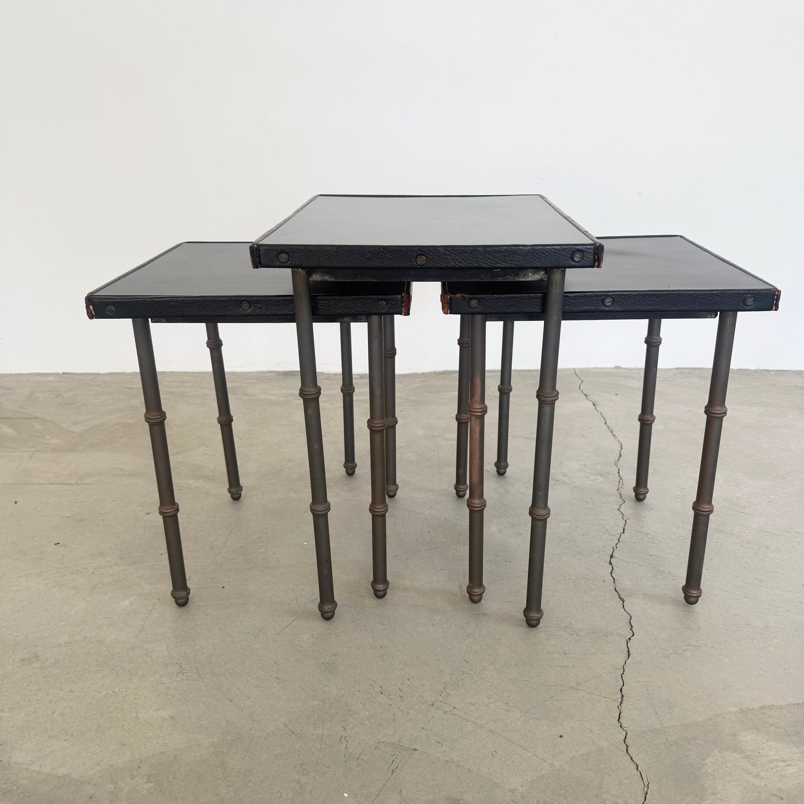 Set of 3 Leather and Bronze Nesting Tables