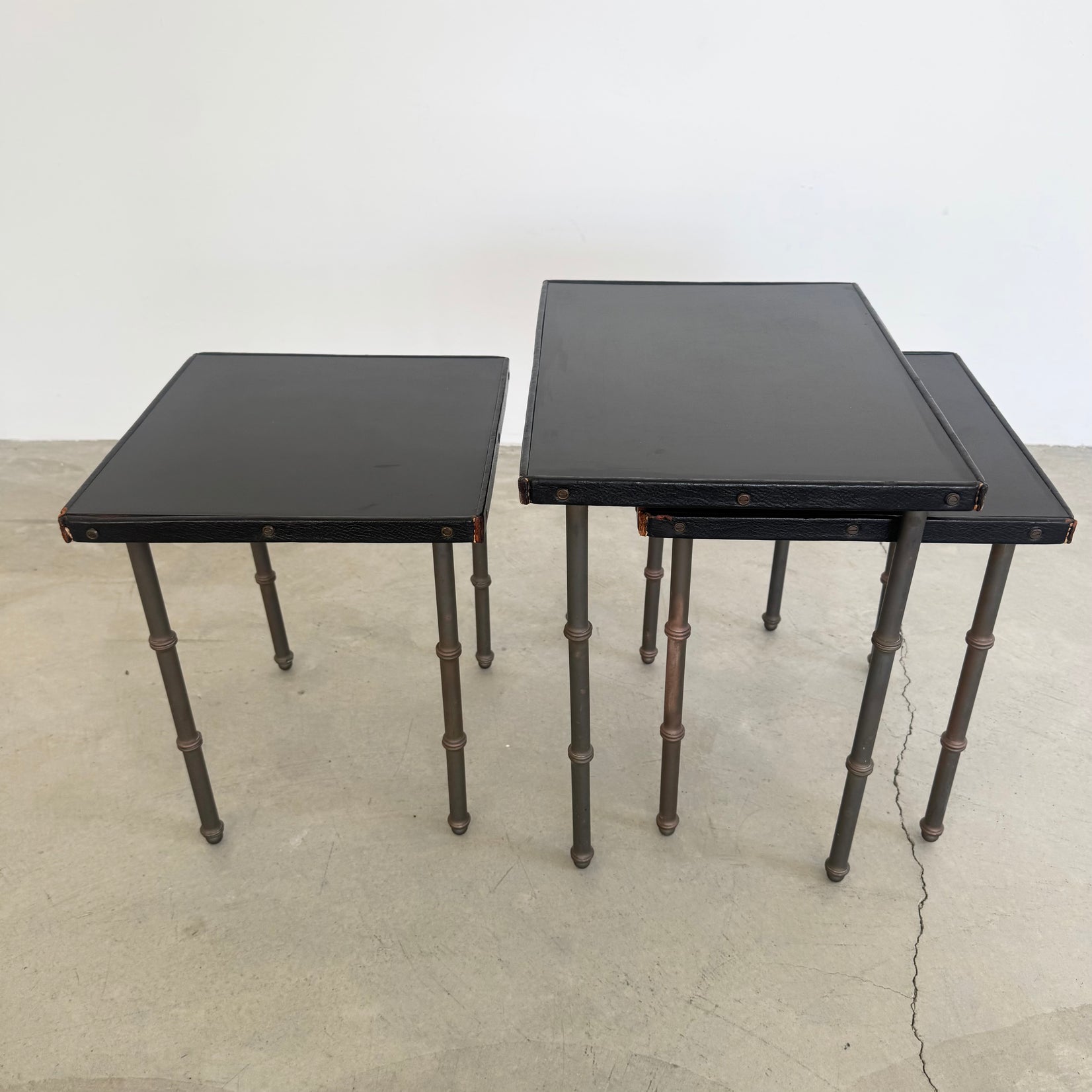 Set of 3 Leather and Bronze Nesting Tables