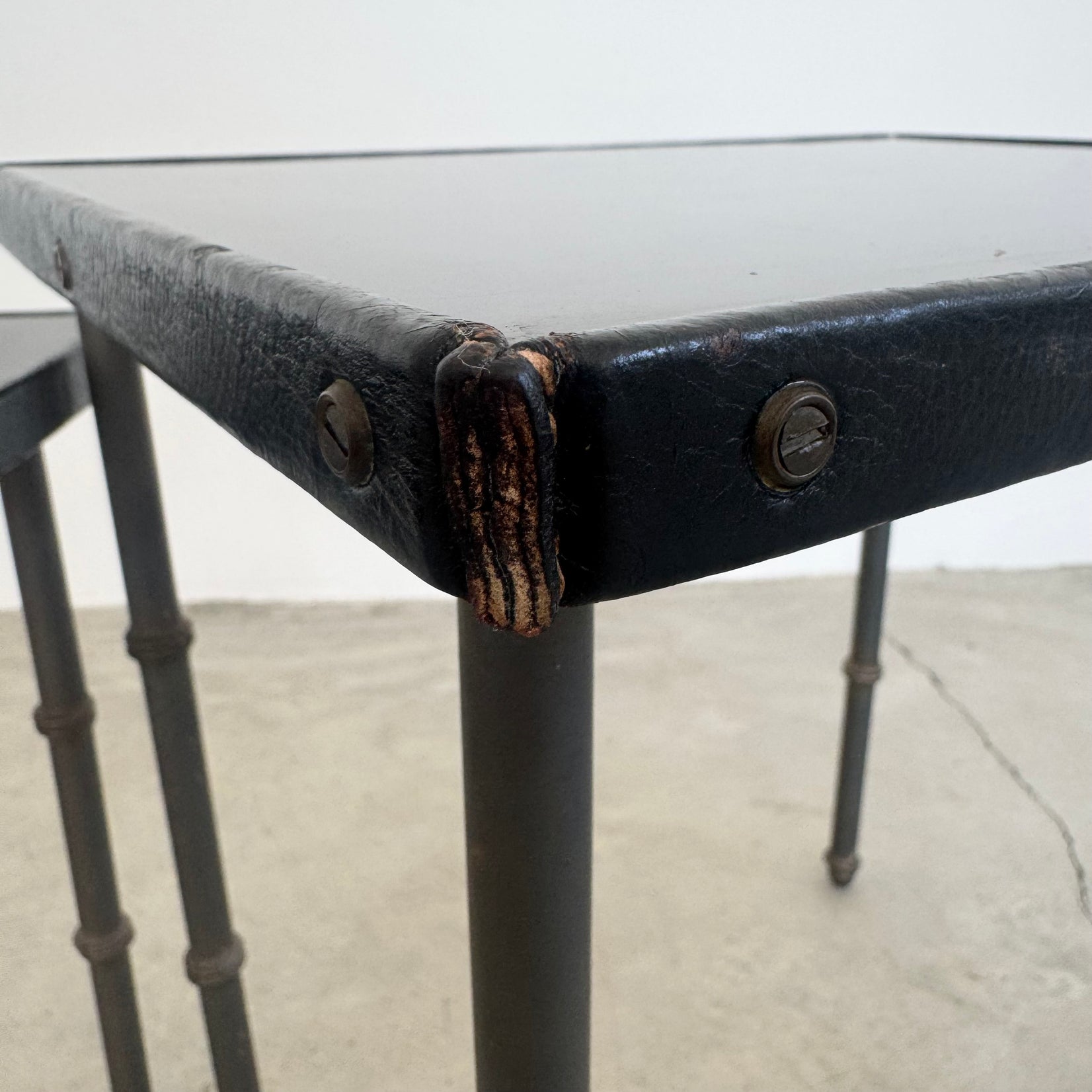 Set of 3 Leather and Bronze Nesting Tables