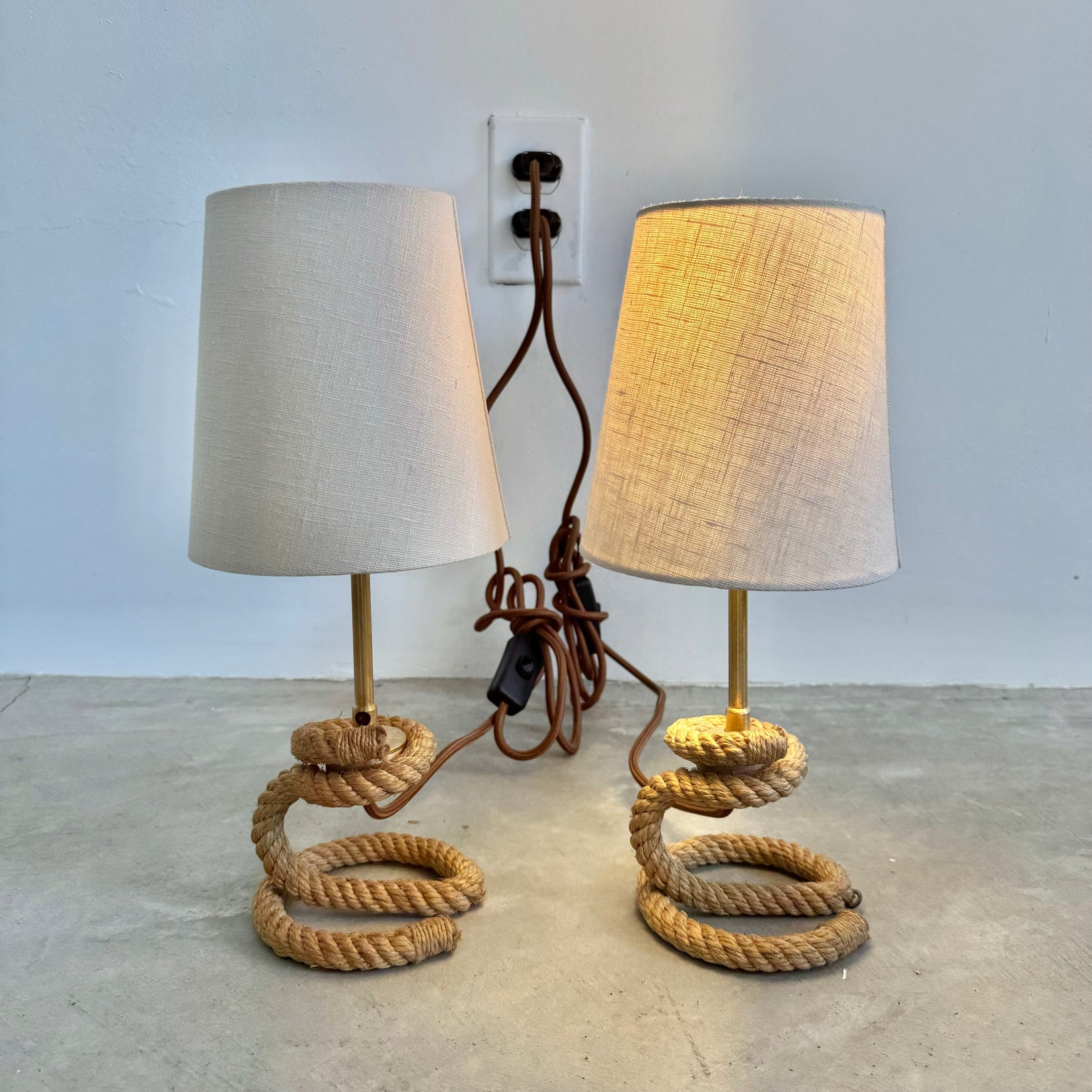 Pair of Rope Table Lamps in the Style of Audoux Minet, 1980s France