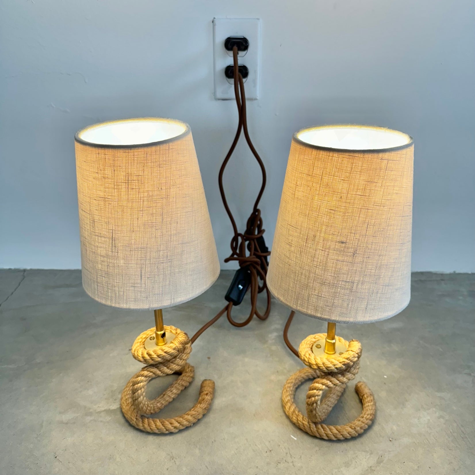Pair of Rope Table Lamps in the Style of Audoux Minet, 1980s France