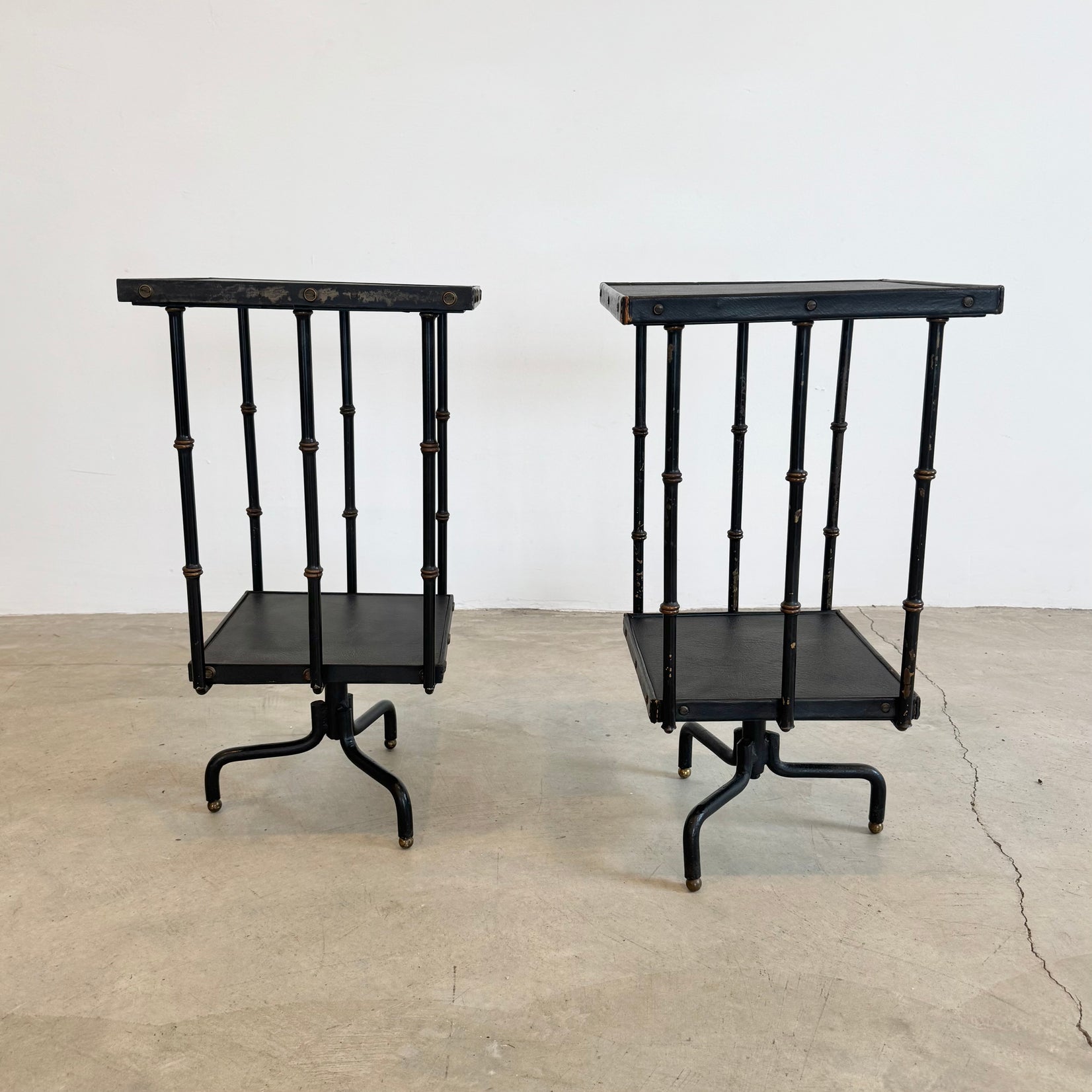 Pair of Leather and Iron Rotating Side Tables