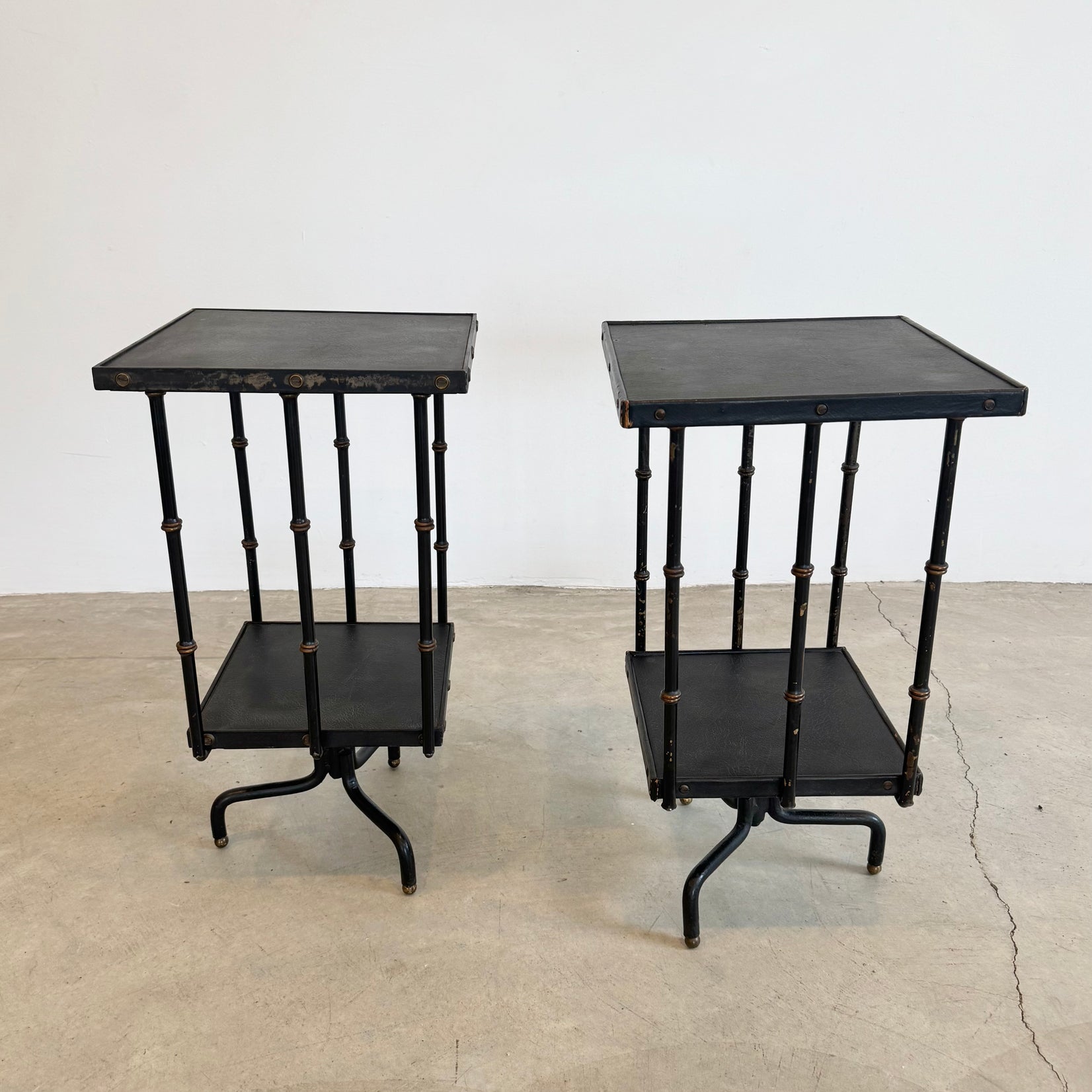 Pair of Leather and Iron Rotating Side Tables
