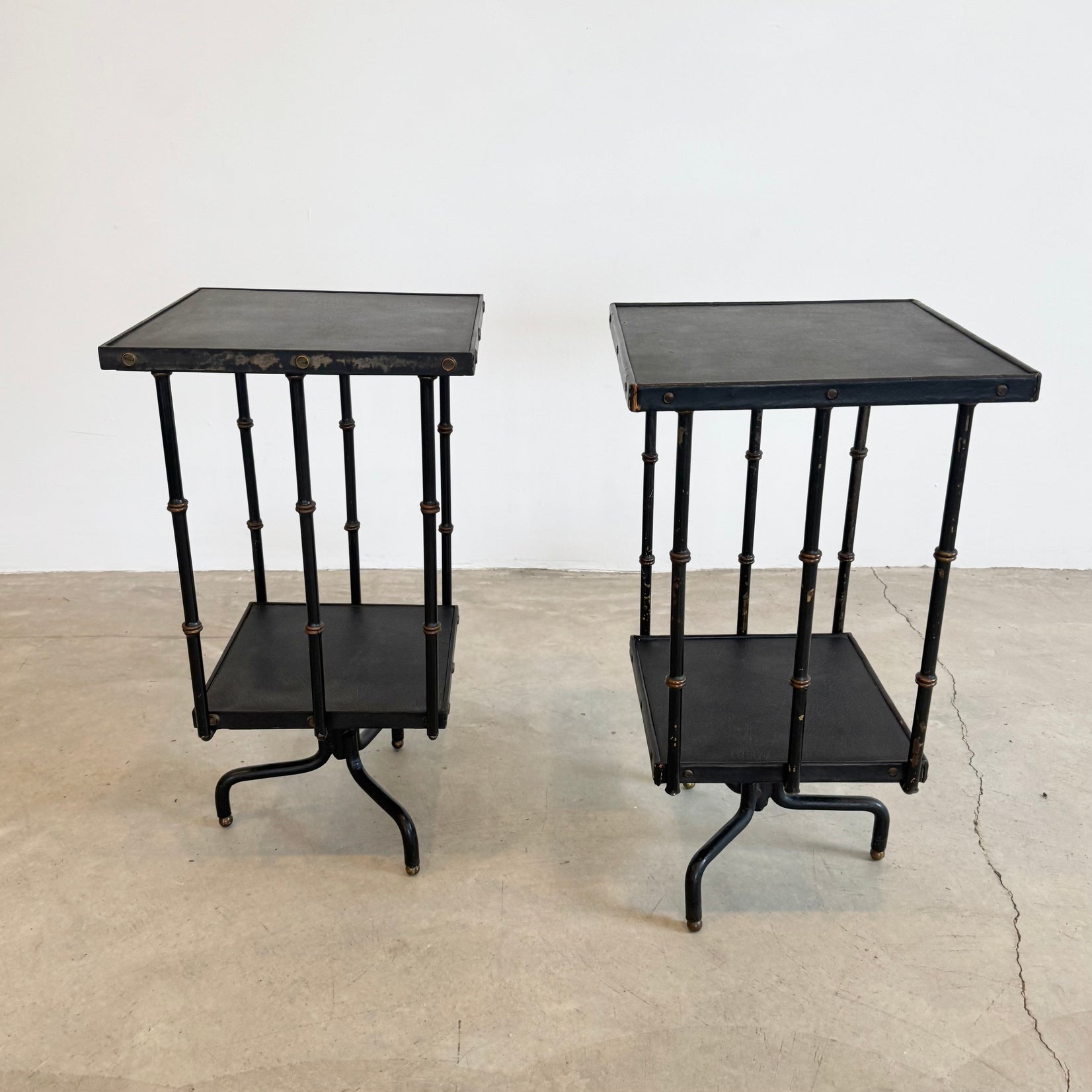 Pair of Leather and Iron Rotating Side Tables