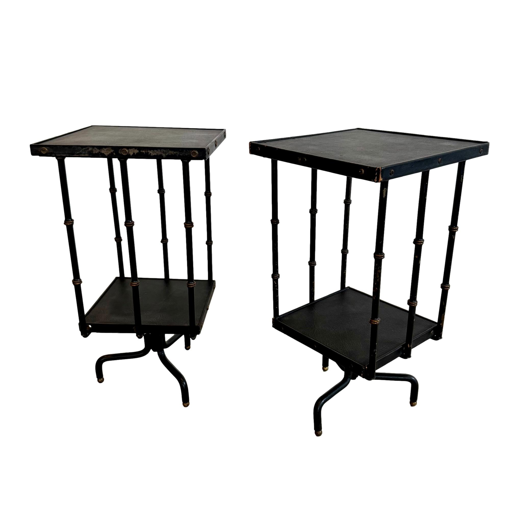 Pair of Leather and Iron Rotating Side Tables