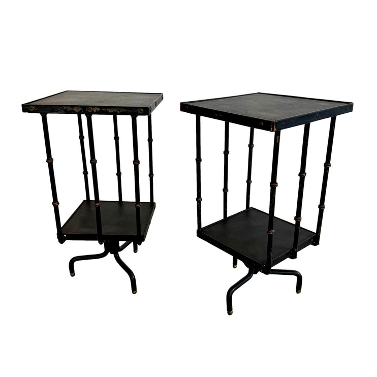 Pair of Leather and Iron Rotating Side Tables