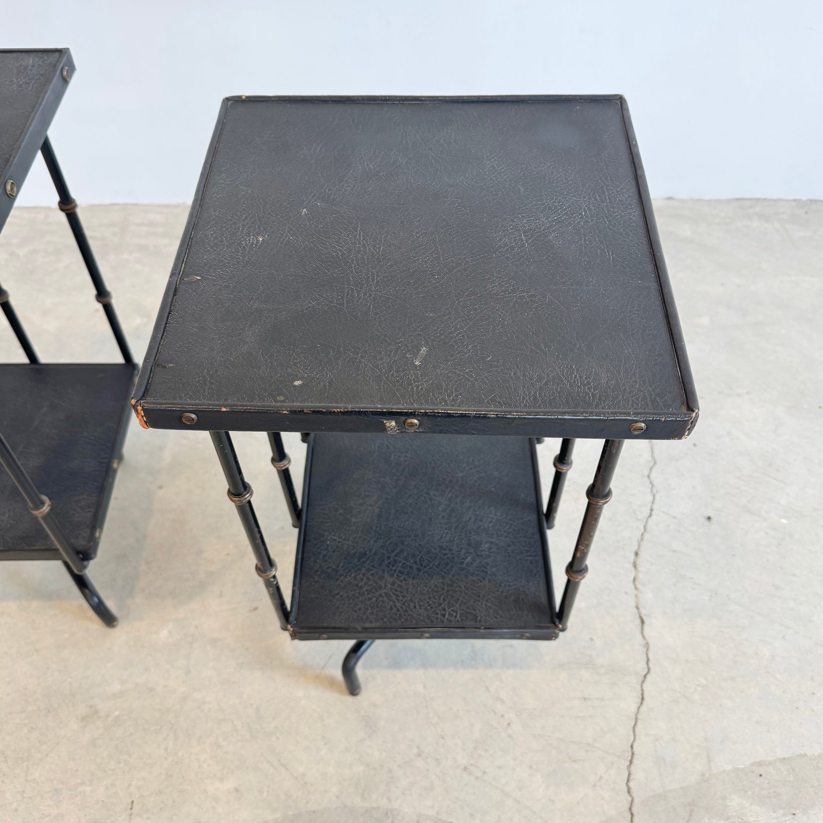 Pair of Leather and Iron Rotating Side Tables