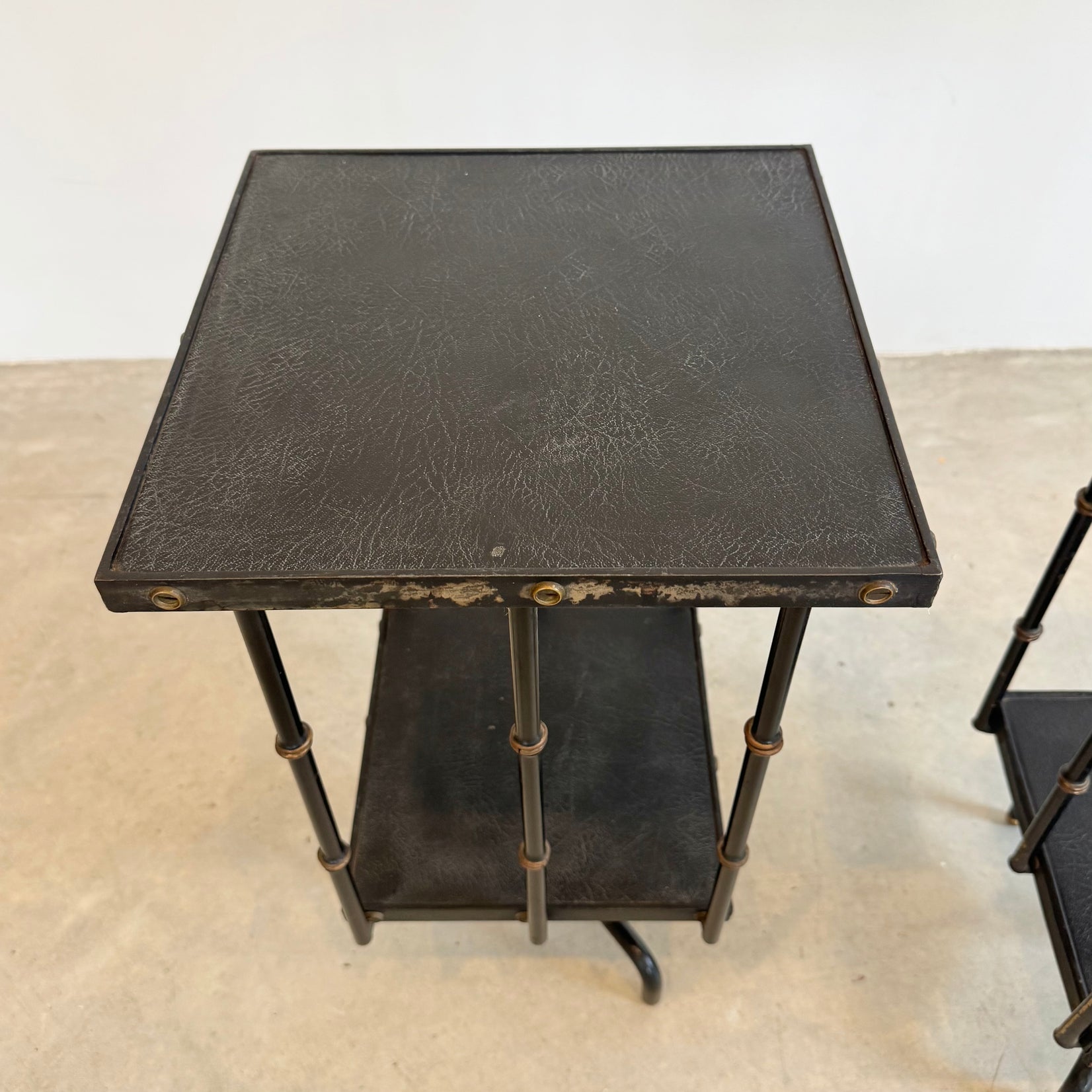Pair of Leather and Iron Rotating Side Tables