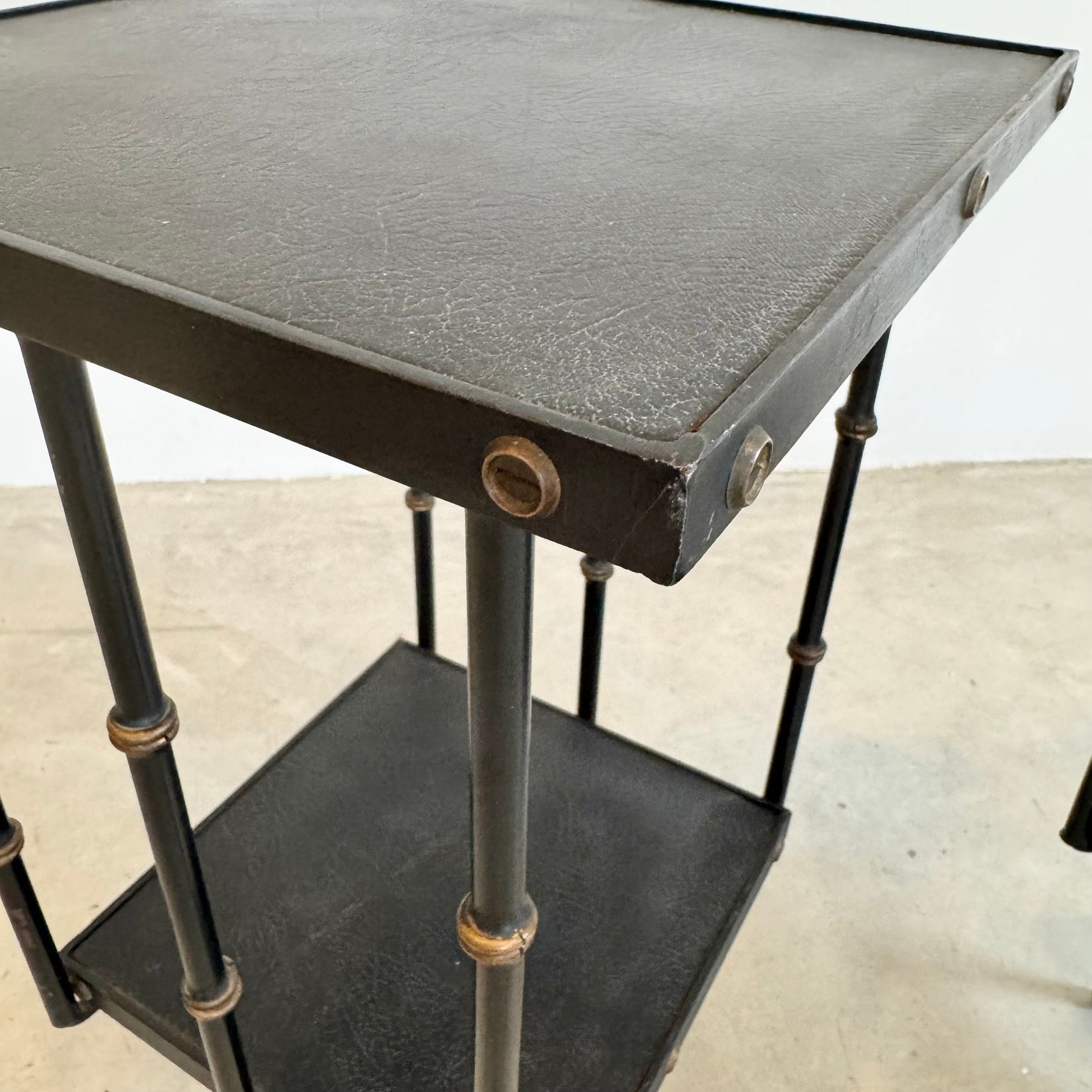 Pair of Leather and Iron Rotating Side Tables