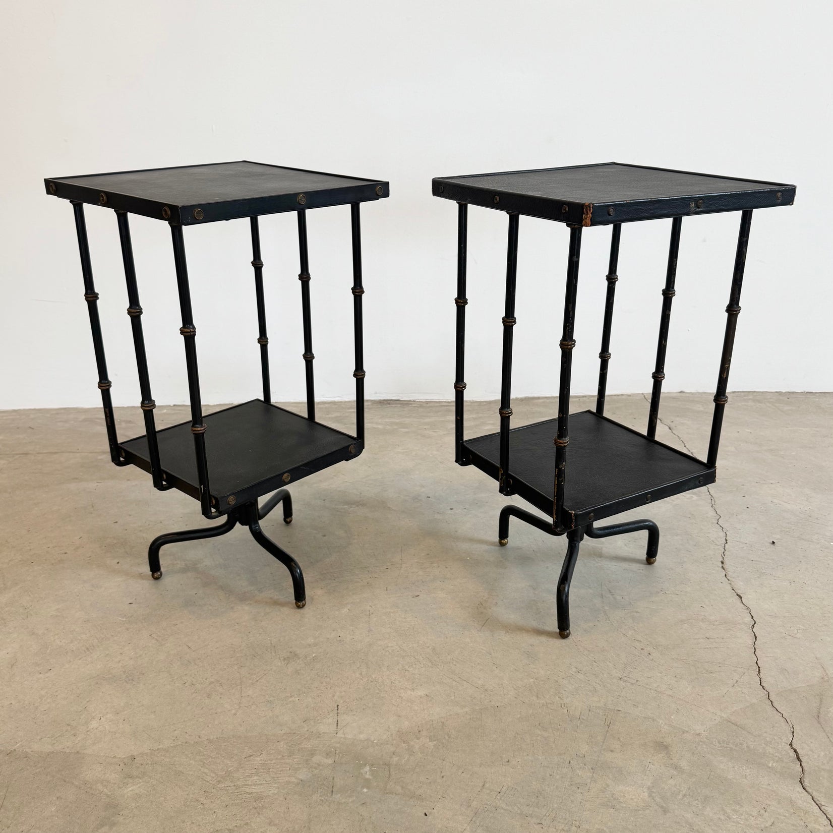 Pair of Leather and Iron Rotating Side Tables