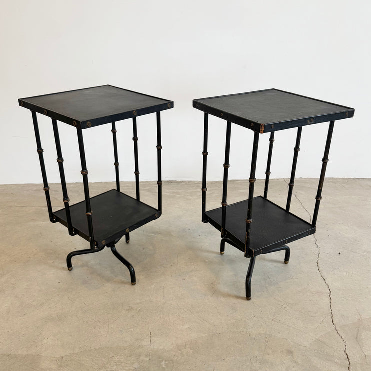 Pair of Leather and Iron Rotating Side Tables