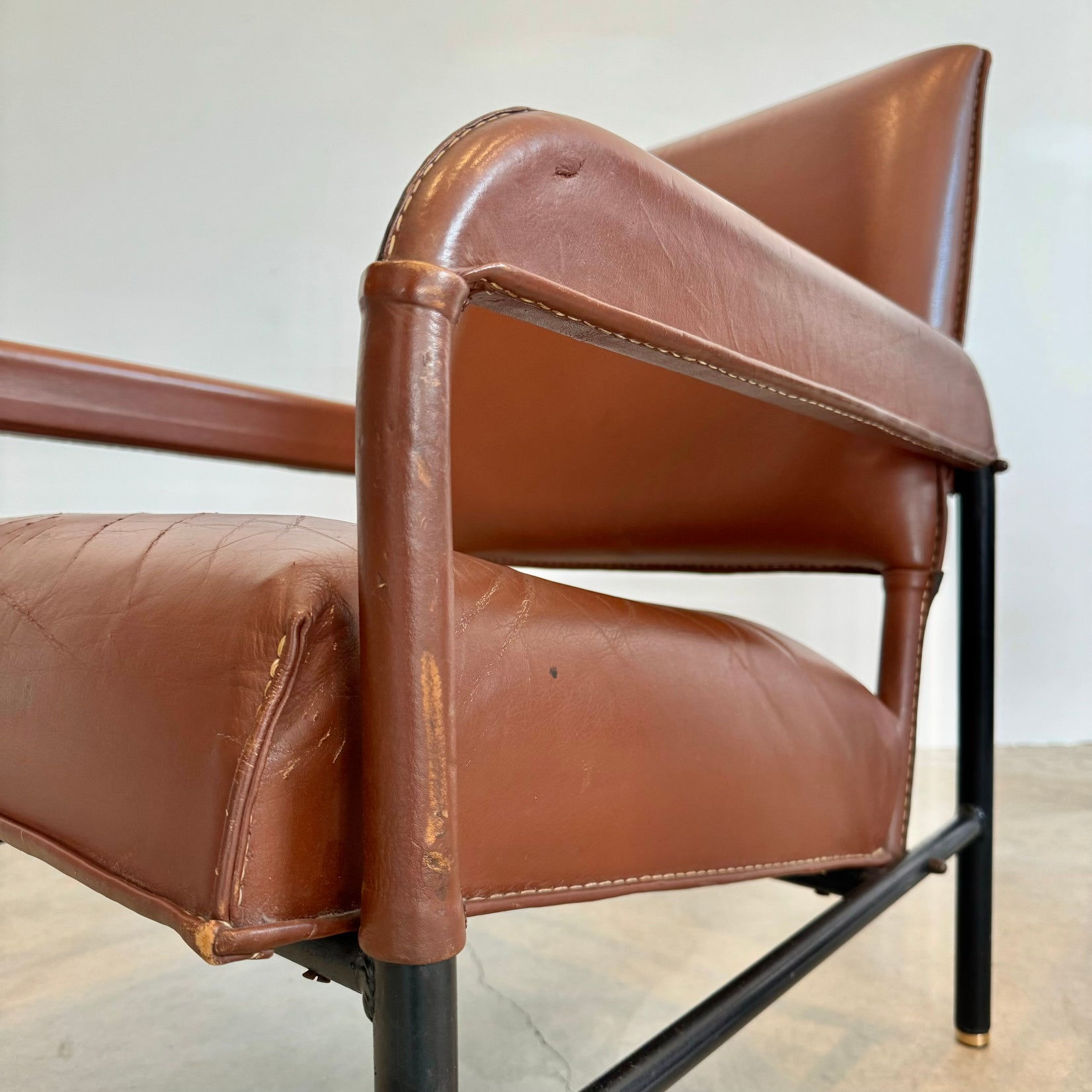 Pair of Saddle Leather and Iron Armchairs