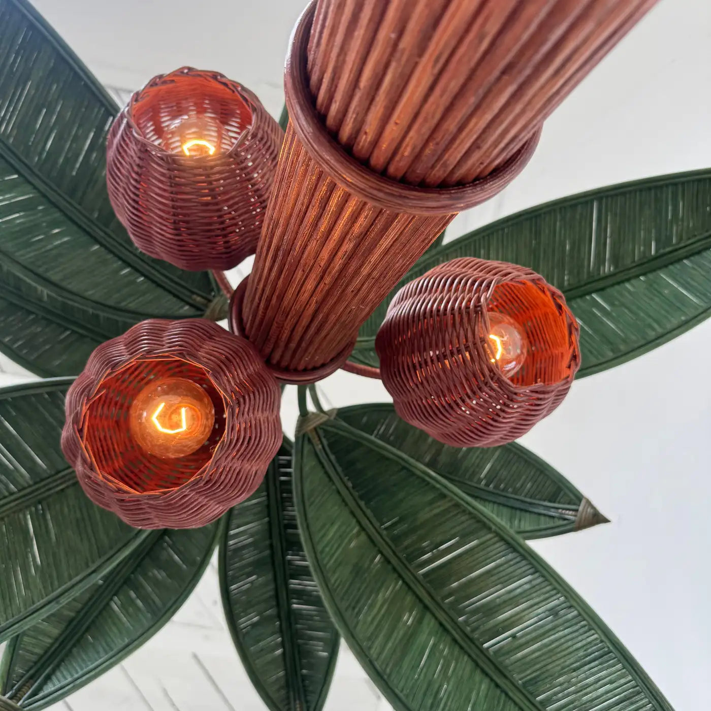 Rattan and Wicker Palm Tree Floor Lamp, 1970s, United States