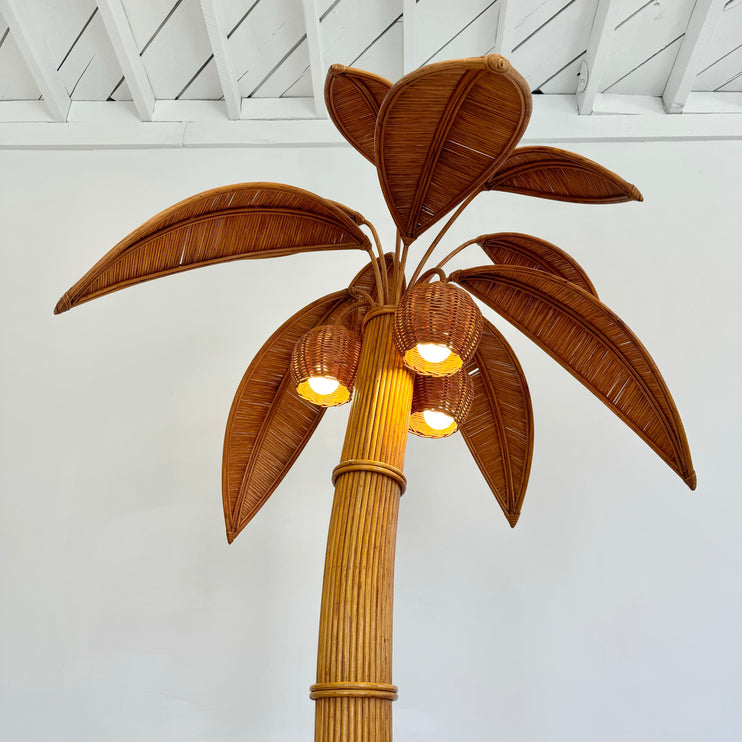 Rattan and Wicker Palm Tree Floor Lamp, 1970s United States