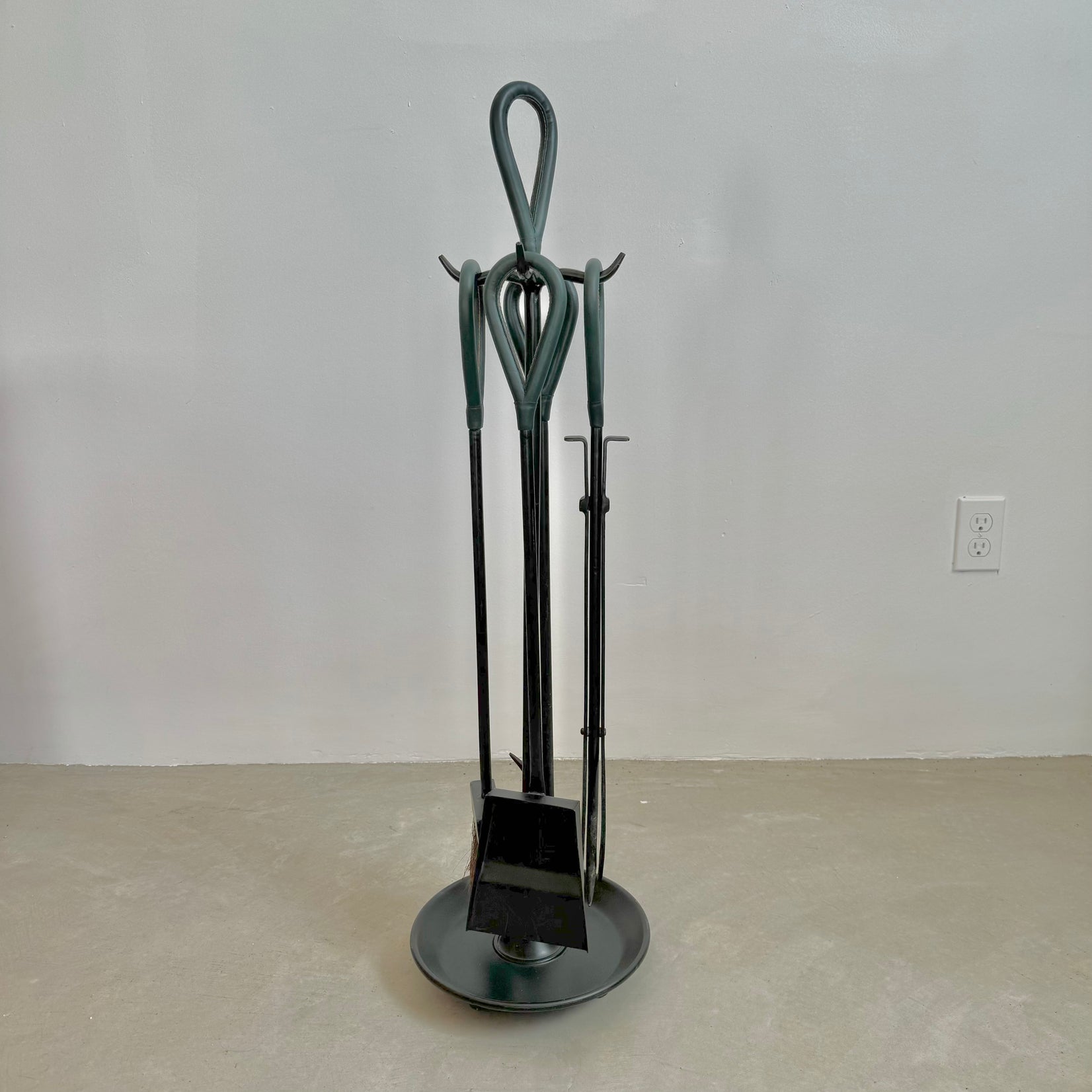 Green Leather and Iron Fireplace Set in the Style of Jacques Adnet, 1980s USA