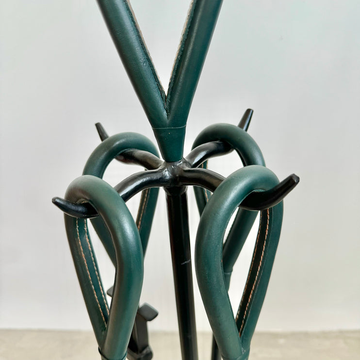 Green Leather and Iron Fireplace Set in the Style of Jacques Adnet, 1980s USA