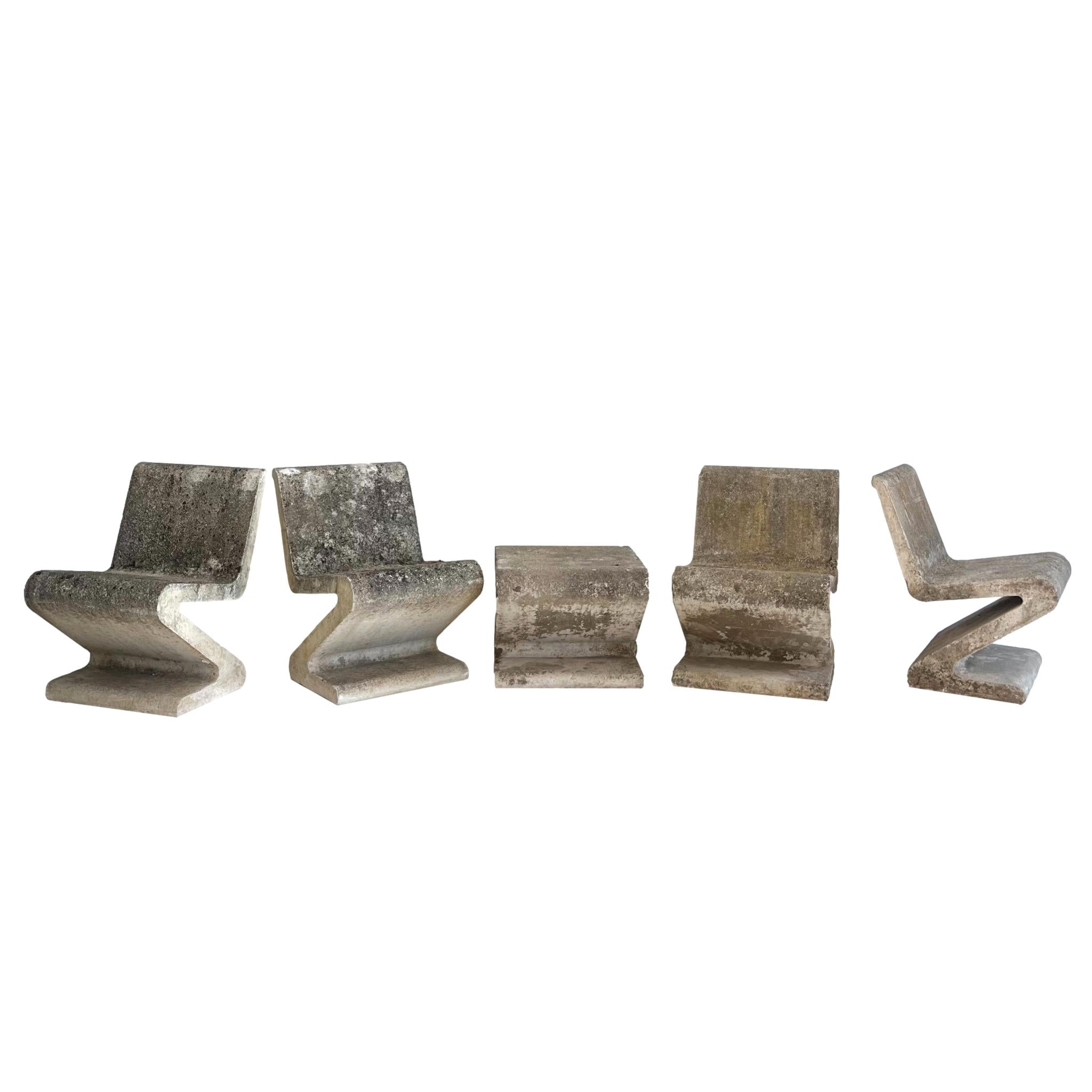 Sculptural Concrete Zig Zag Chairs and Table