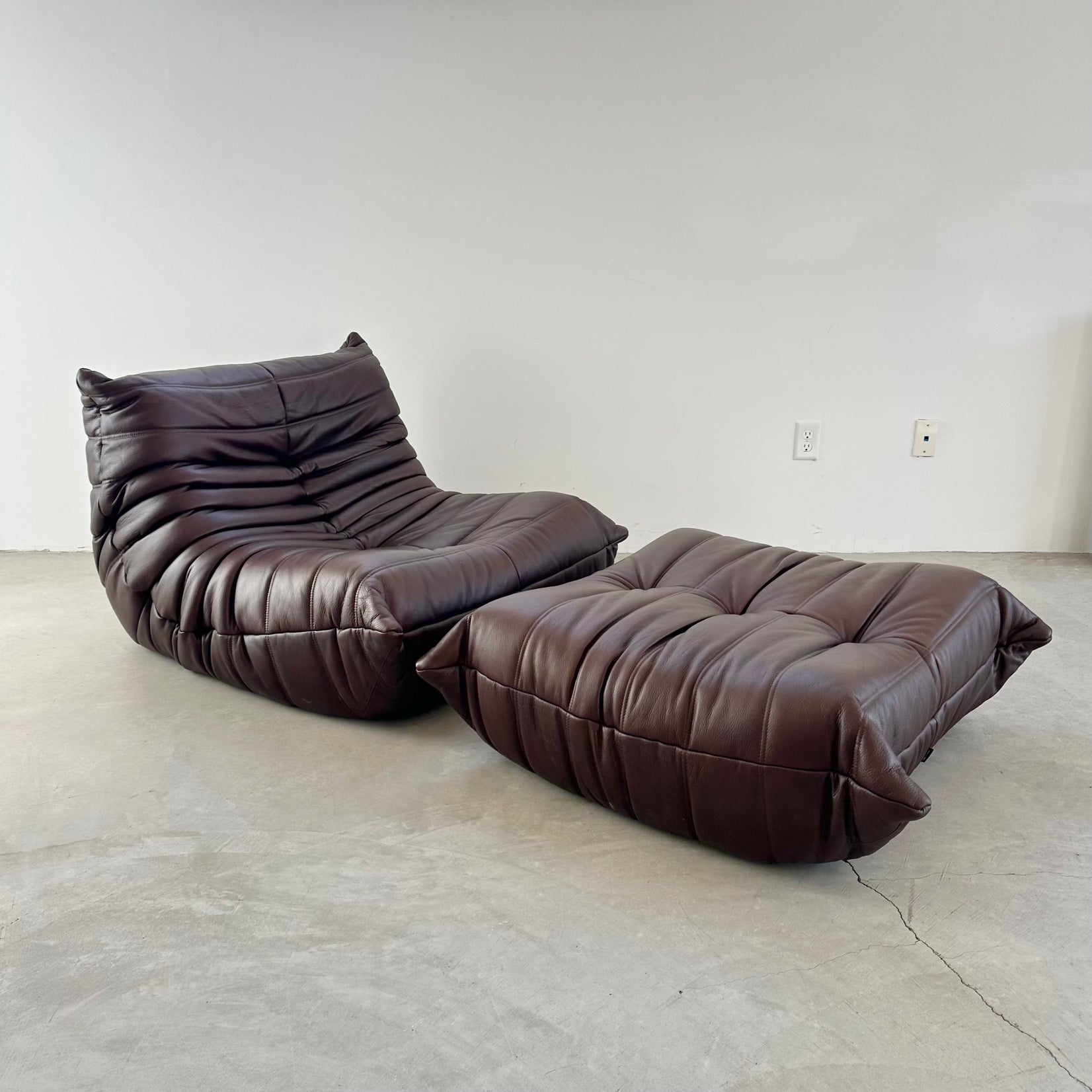 Brown Leather Fireside Togo and Matching Ottoman