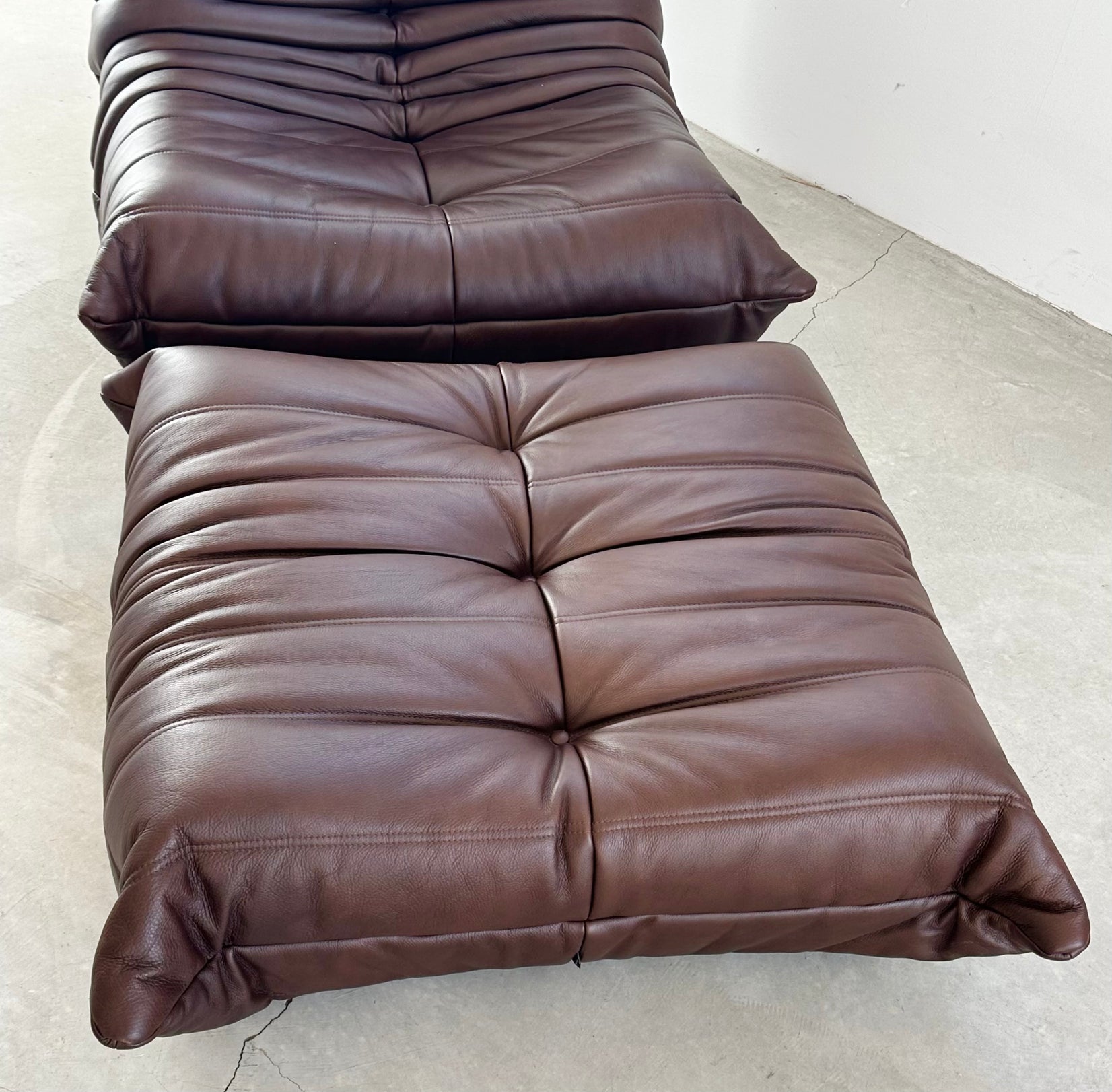 Brown Leather Fireside Togo and Matching Ottoman