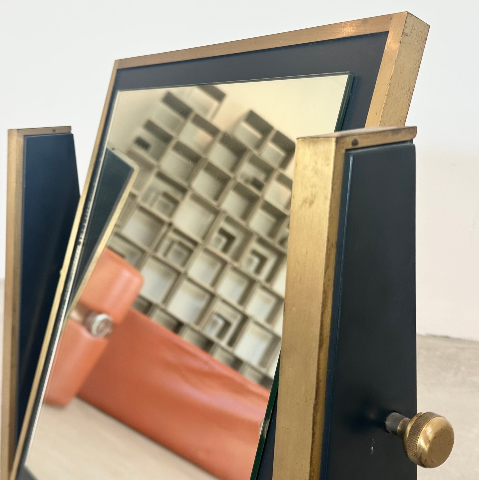 Italian Brass and Wood Table Mirror, 1950s Italy