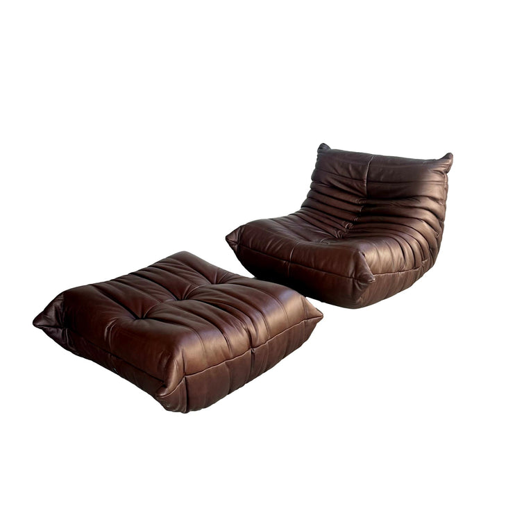 Brown Leather Fireside Togo and Matching Ottoman