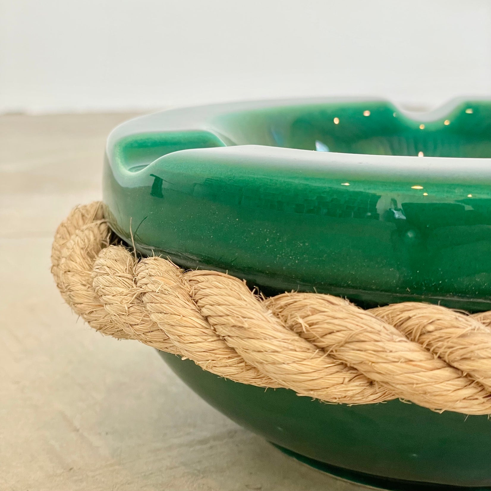 Audoux Minet Style Green Ceramic Ashtray with Rope, 1970s France