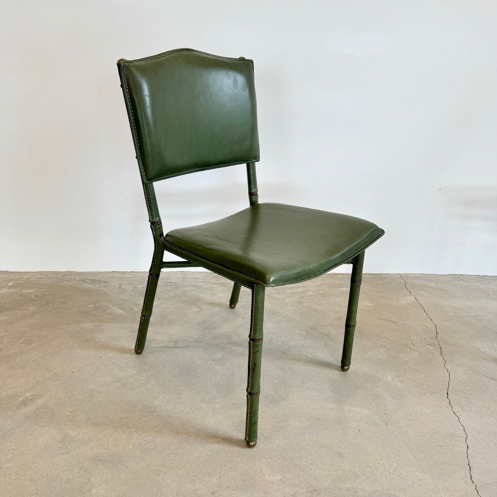 Jacques Adnet Green Leather Chairs, Circa 1950s, France