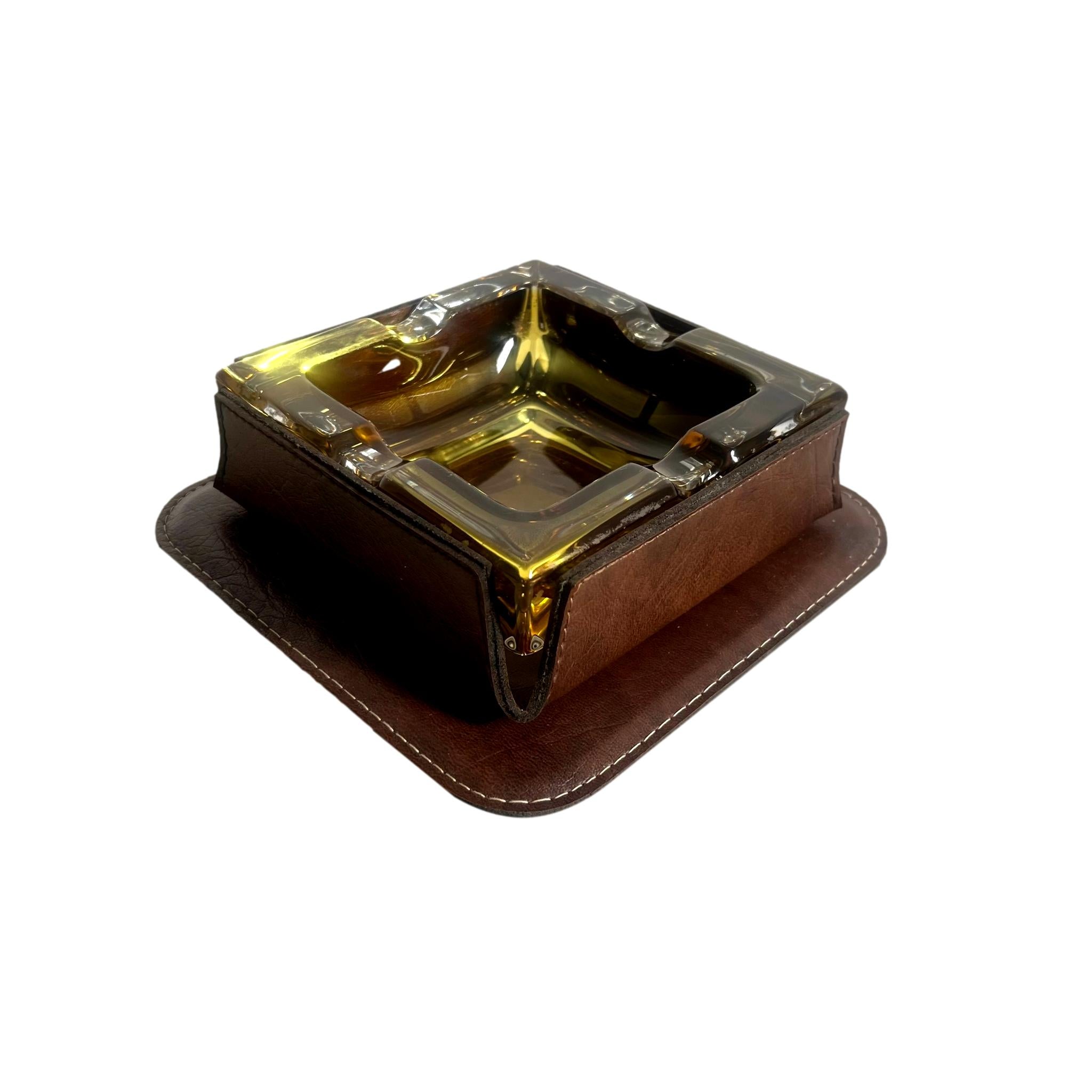 Leather and Amber Glass Ashtray