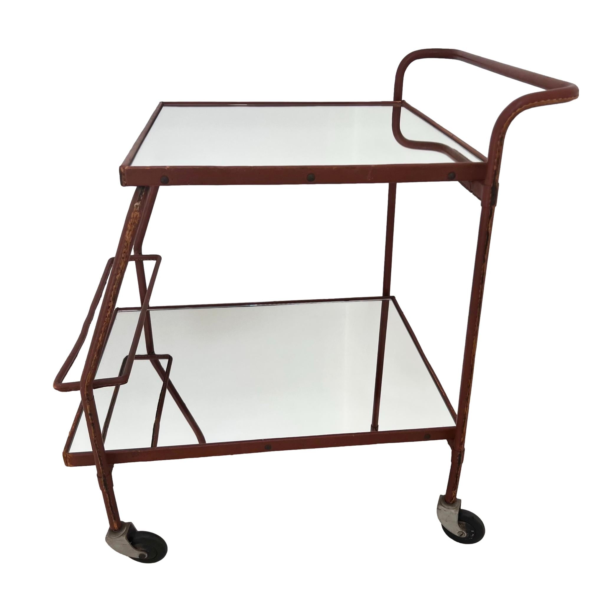 Jacques Adnet Brown Leather Bar Cart, 1950s France