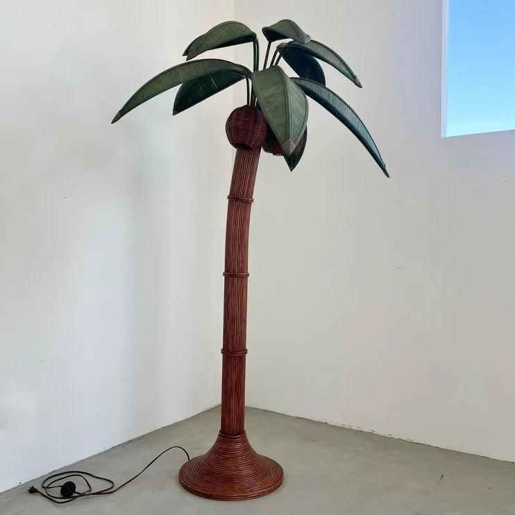 Rattan and Wicker Palm Tree Floor Lamp, 1970s, United States