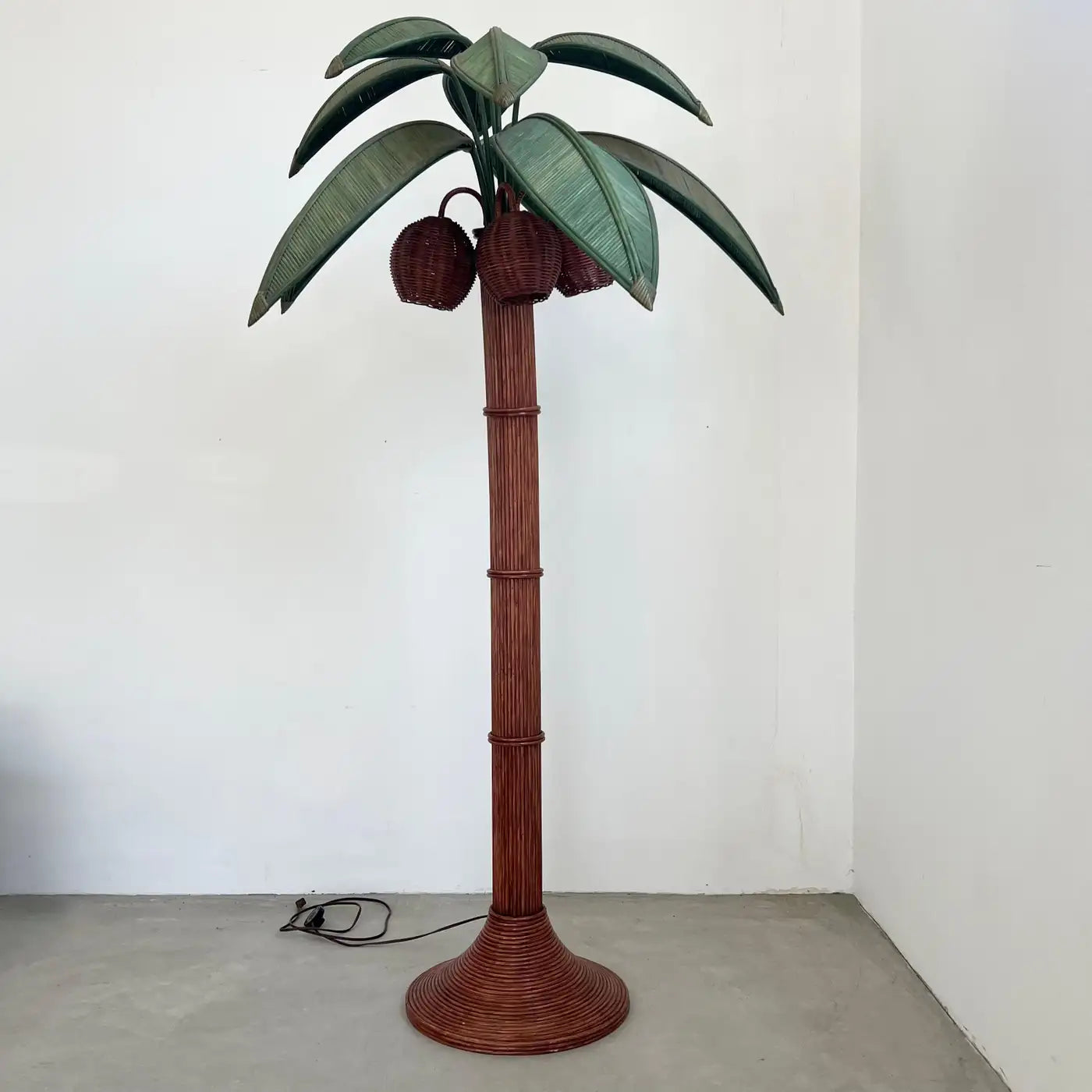 Rattan and Wicker Palm Tree Floor Lamp, 1970s, United States