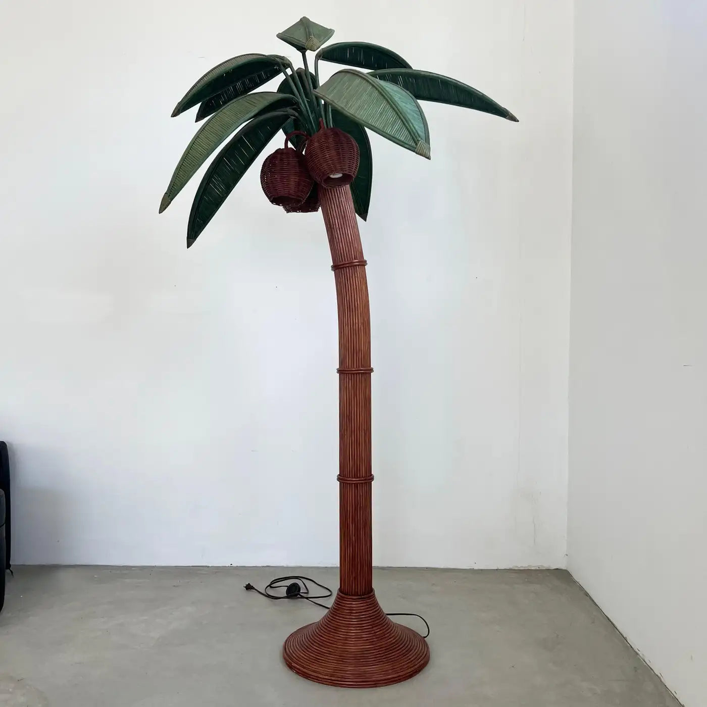 Rattan and Wicker Palm Tree Floor Lamp, 1970s, United States
