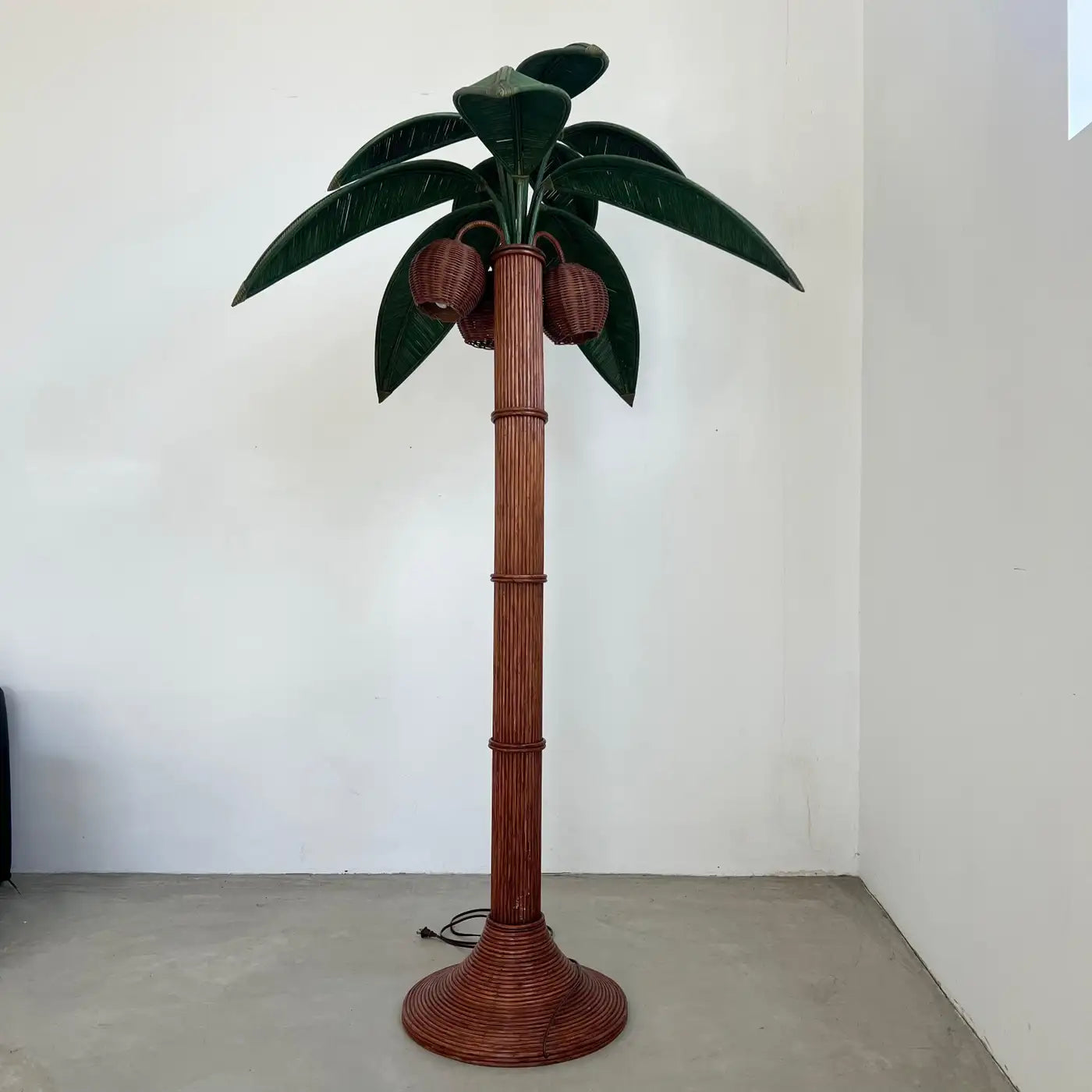 Rattan and Wicker Palm Tree Floor Lamp, 1970s, United States