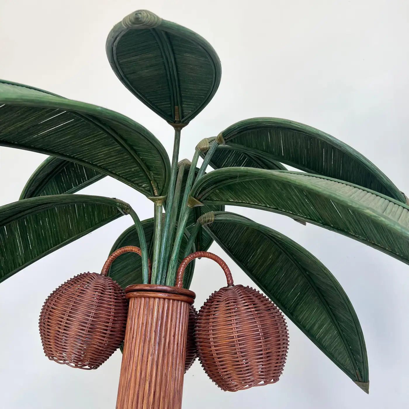 Rattan and Wicker Palm Tree Floor Lamp, 1970s, United States