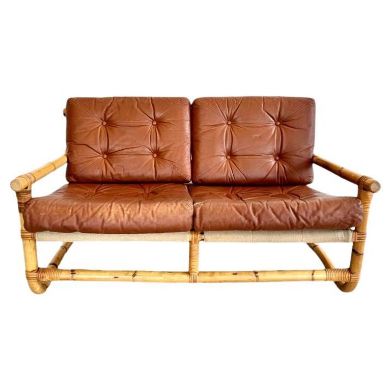 Bamboo and Leather Sofa, 1970s Denmark