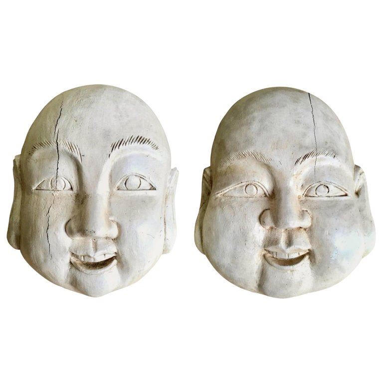 Large Pair of Carved Wood Buddha Heads