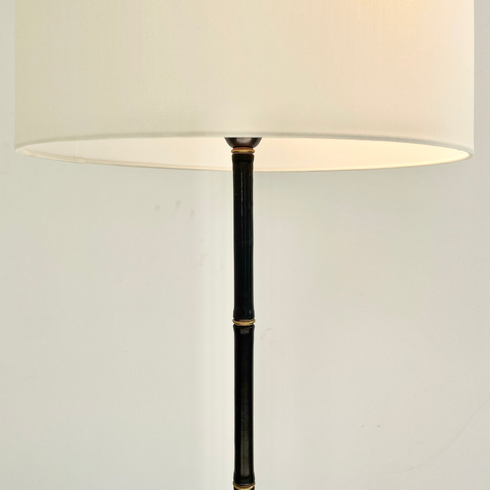 Jacques Adnet Black Leather and Brass Floor Lamp, 1950s France