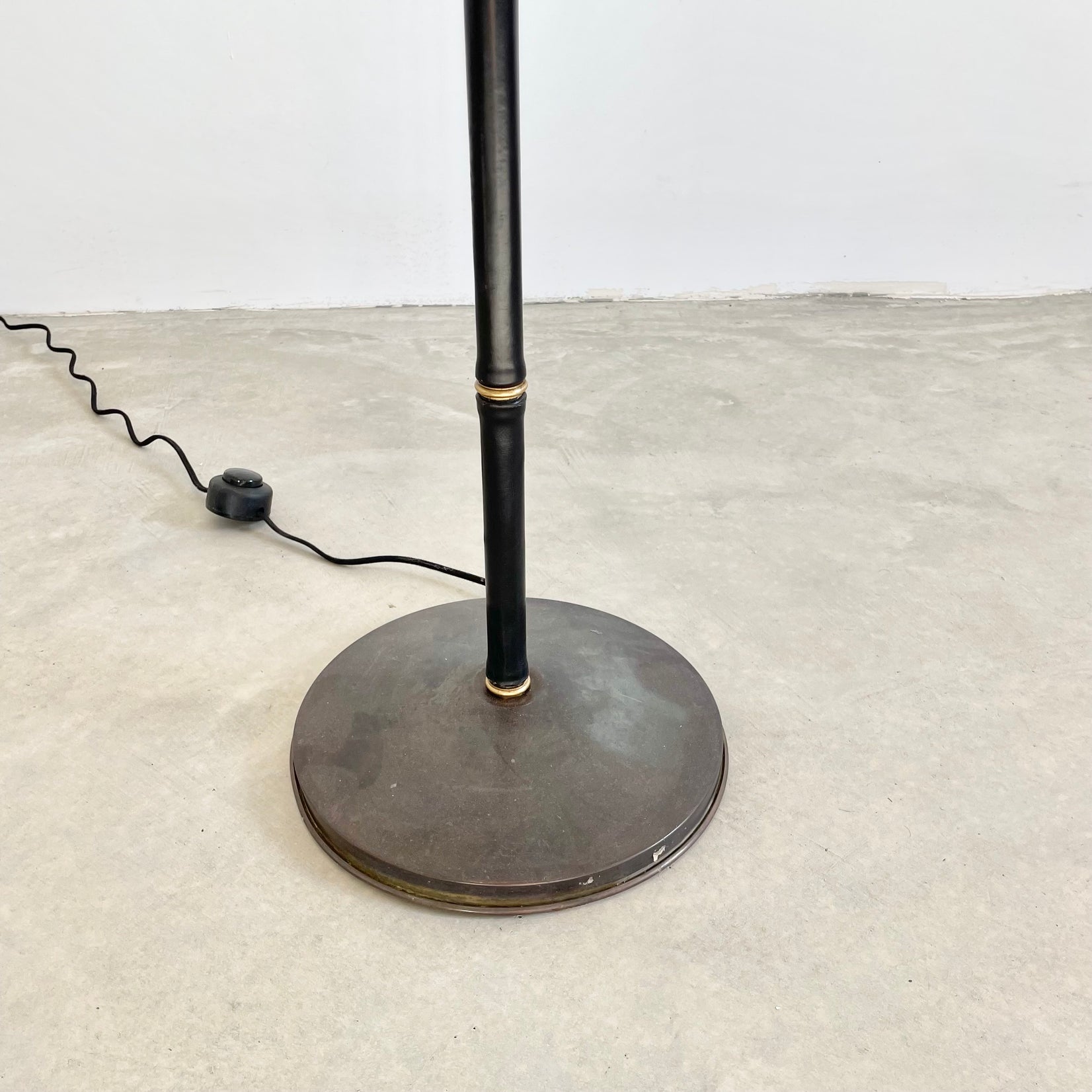 Jacques Adnet Black Leather and Brass Floor Lamp, 1950s France