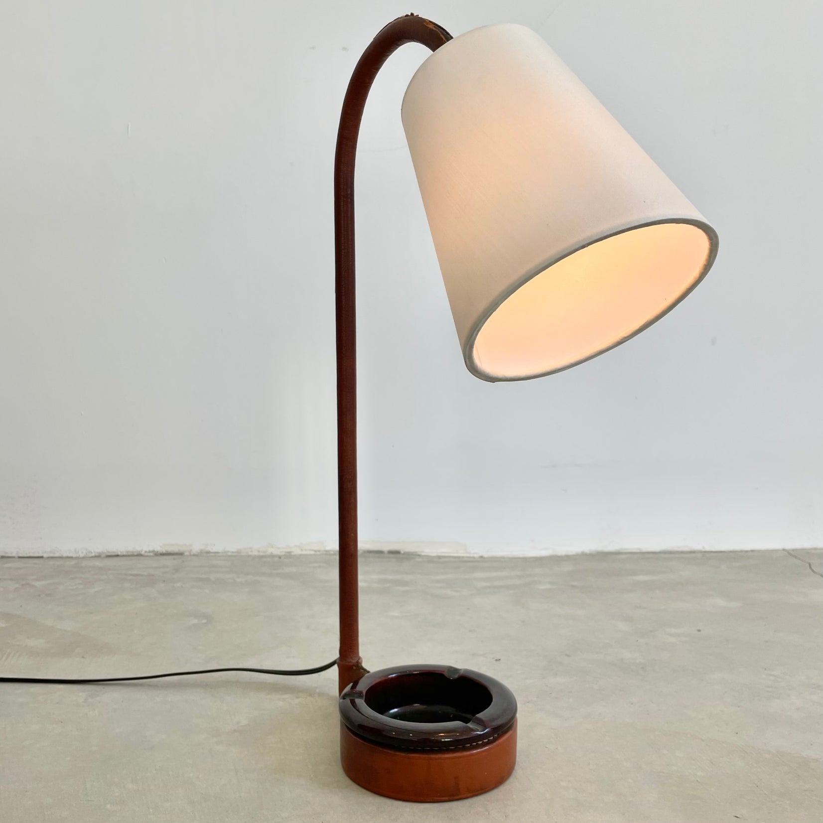 Jacques Adnet Leather Table Lamp with Built-In Catchall, 1950s France
