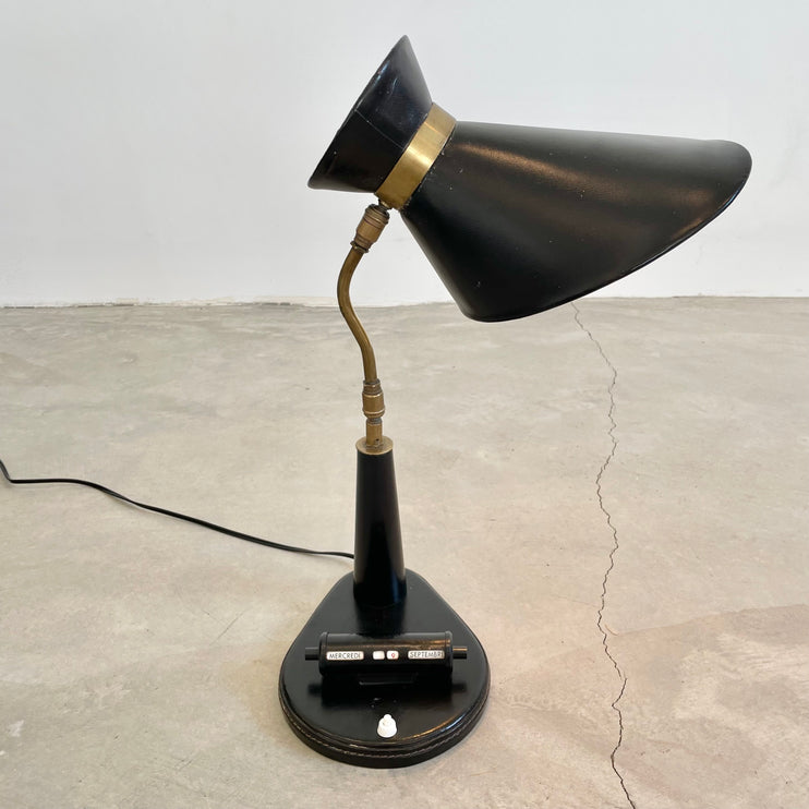 Jacques Adnet Black Leather Table Lamp with Adjustable Calendar, 1950s France