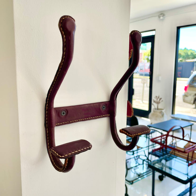 Jacques Adnet Dual Leather Coat Hook, 1950s France