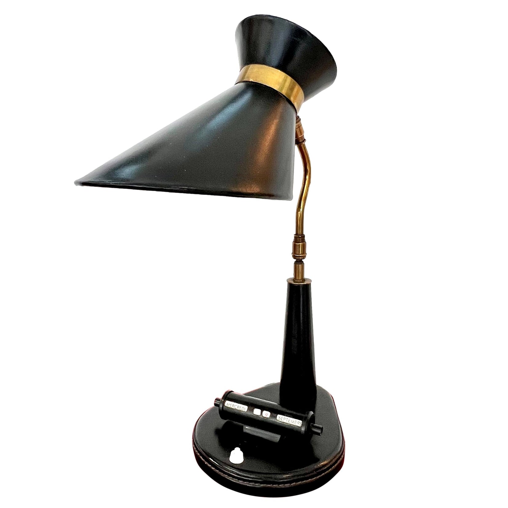 Jacques Adnet Black Leather Table Lamp with Adjustable Calendar, 1950s France