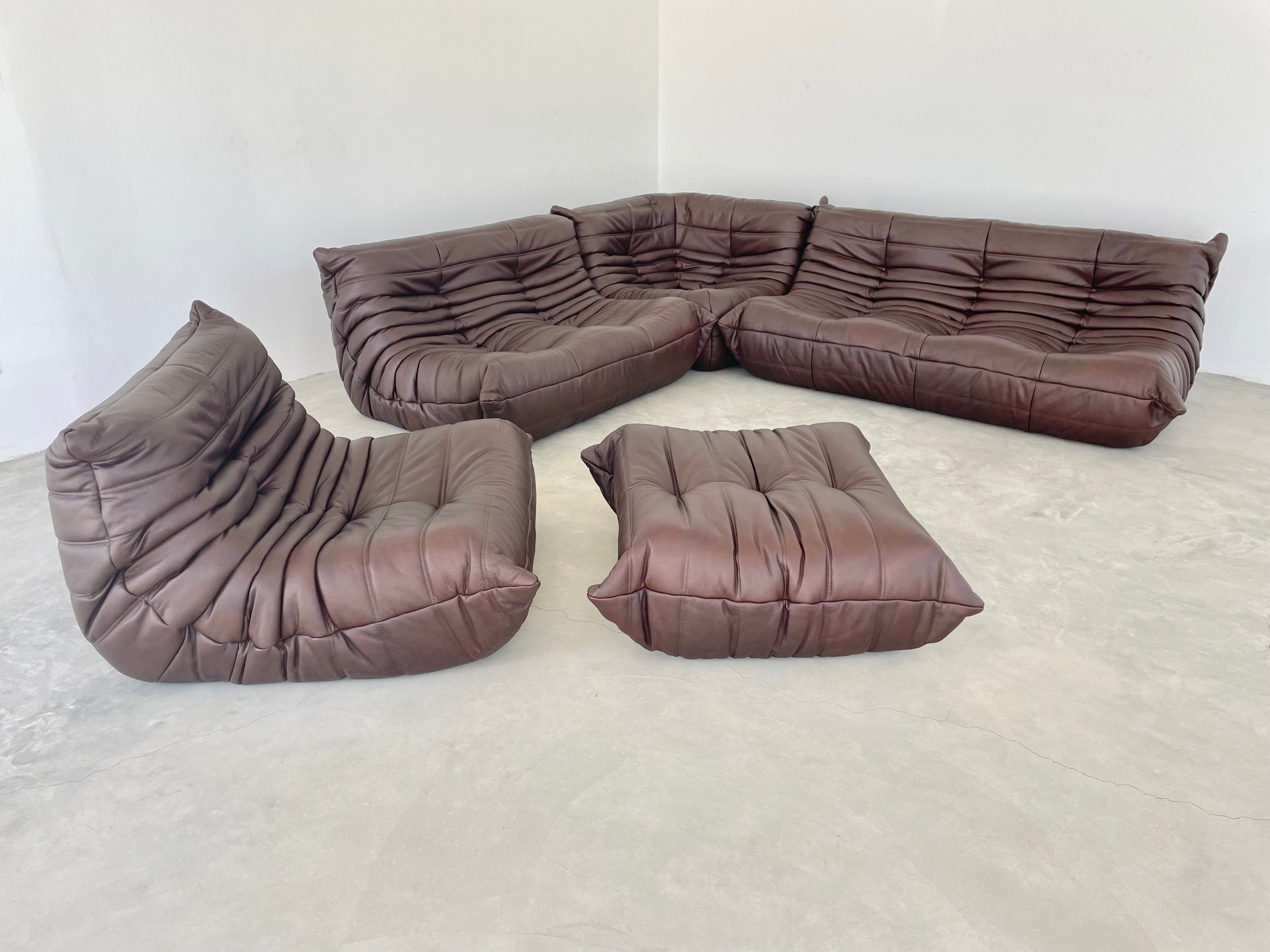 5 Piece Tan Leather Togo Sofa Set by Michel Ducaroy for Ligne Roset