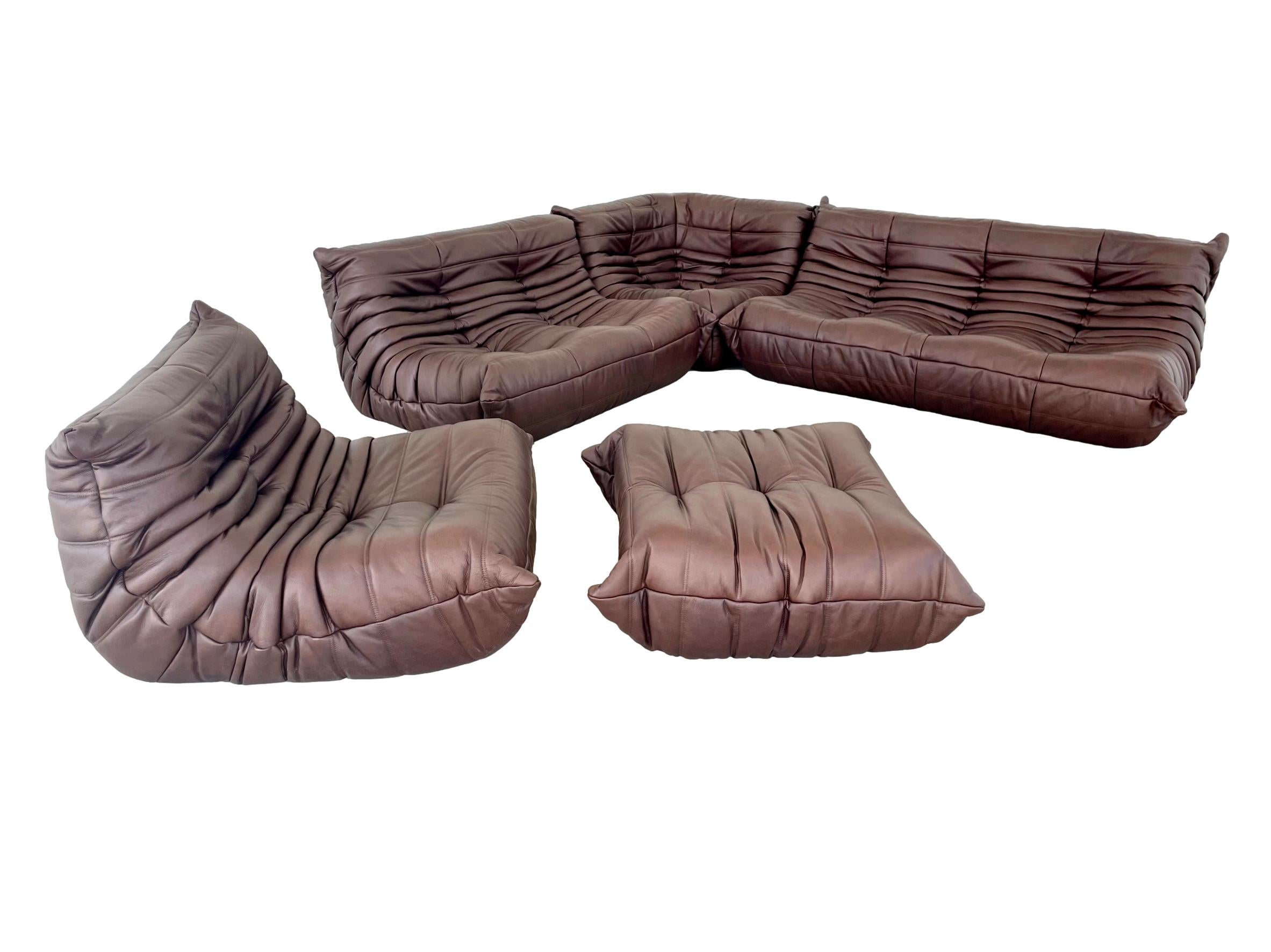 Vintage 2-seater Togo sofa for Ligne Roset in chocolate brown leather 1970