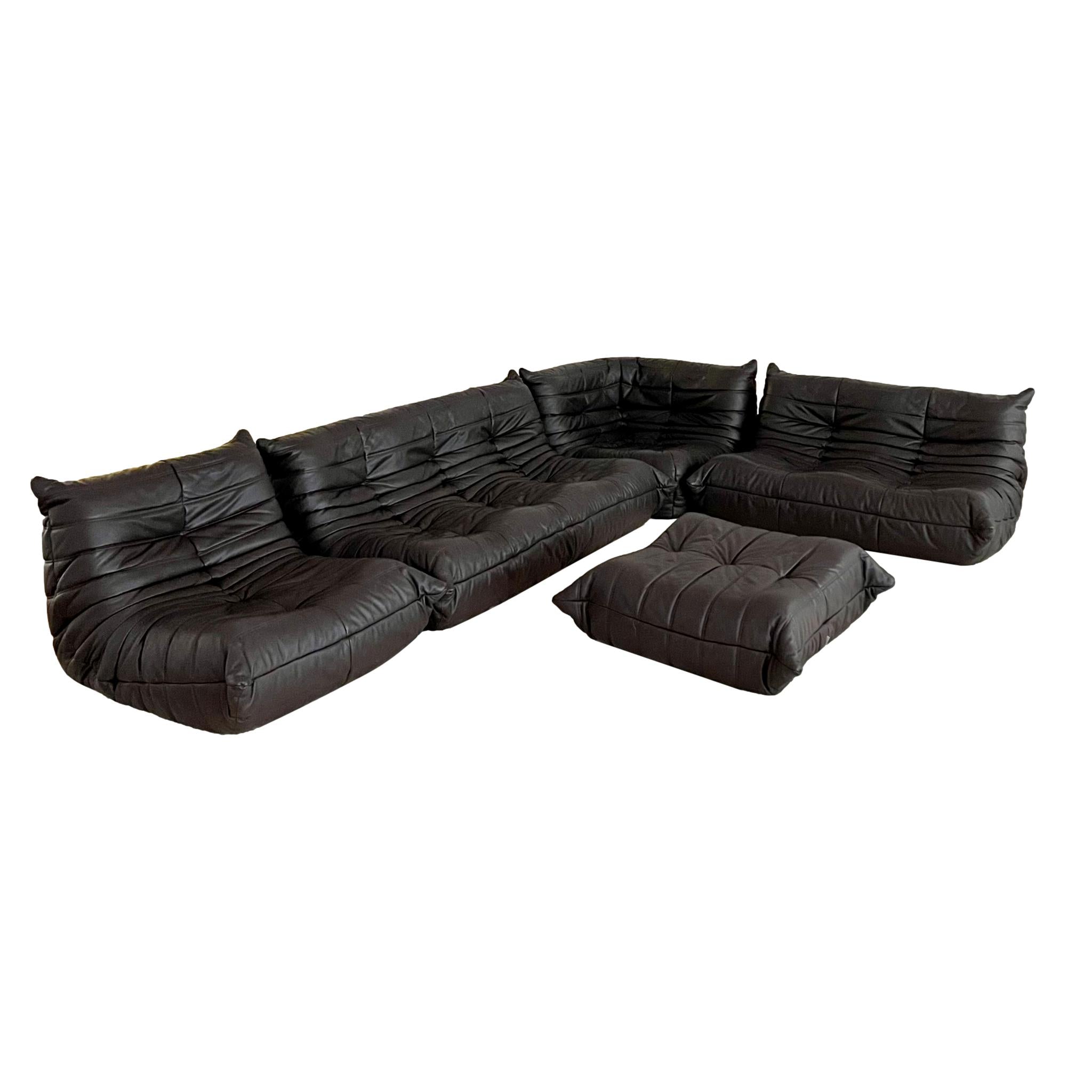 Black 2 Seat Leather Togo Sofa by Ligne Roset, 1980s France