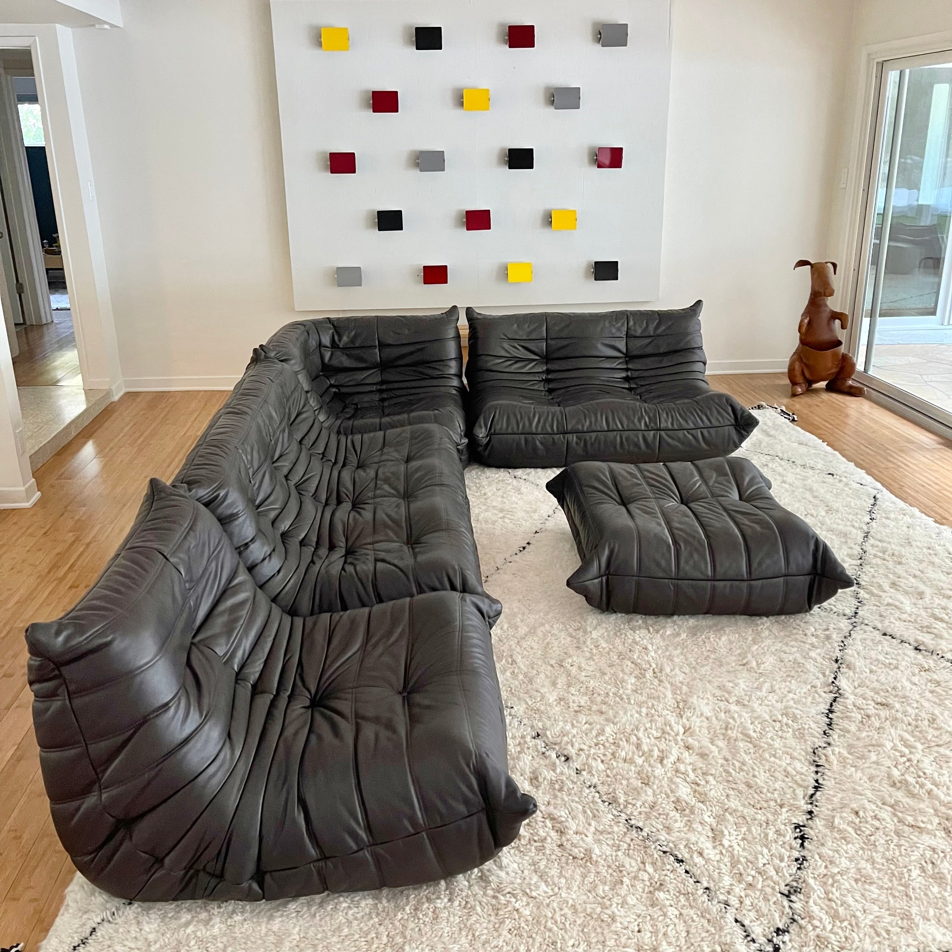 Black Leather 3-Seat Togo Sofa by Michel Ducaroy for Ligne Roset
